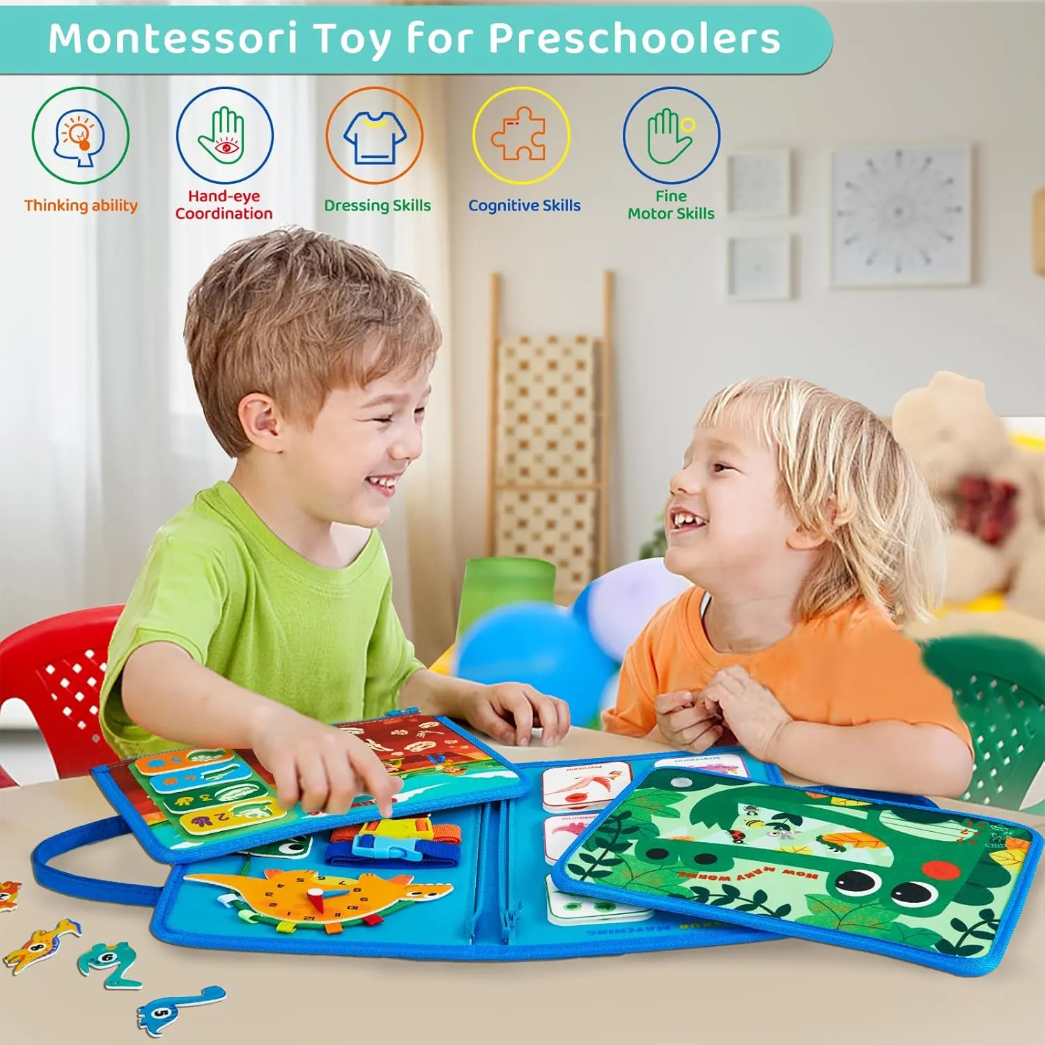 Busy Board Montessori Toys for 3 4 Year Old Boys & Girls Birthday Gifts, Educational Activity Sensory Board Preschool Learning Toys for Toddlers, Travel Toys for Airplane Car (Dinosaur)