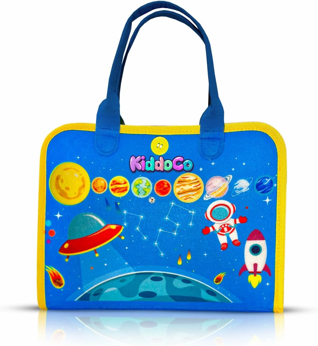 Busy Board Book Bag for Kids | Interactive Learning Activities for Toddlers and Kids | Skill-Building Kit | Hair Braiding, Tying Shoes, Math, and Alphabet Puzzles, Felt Bag (Blue)