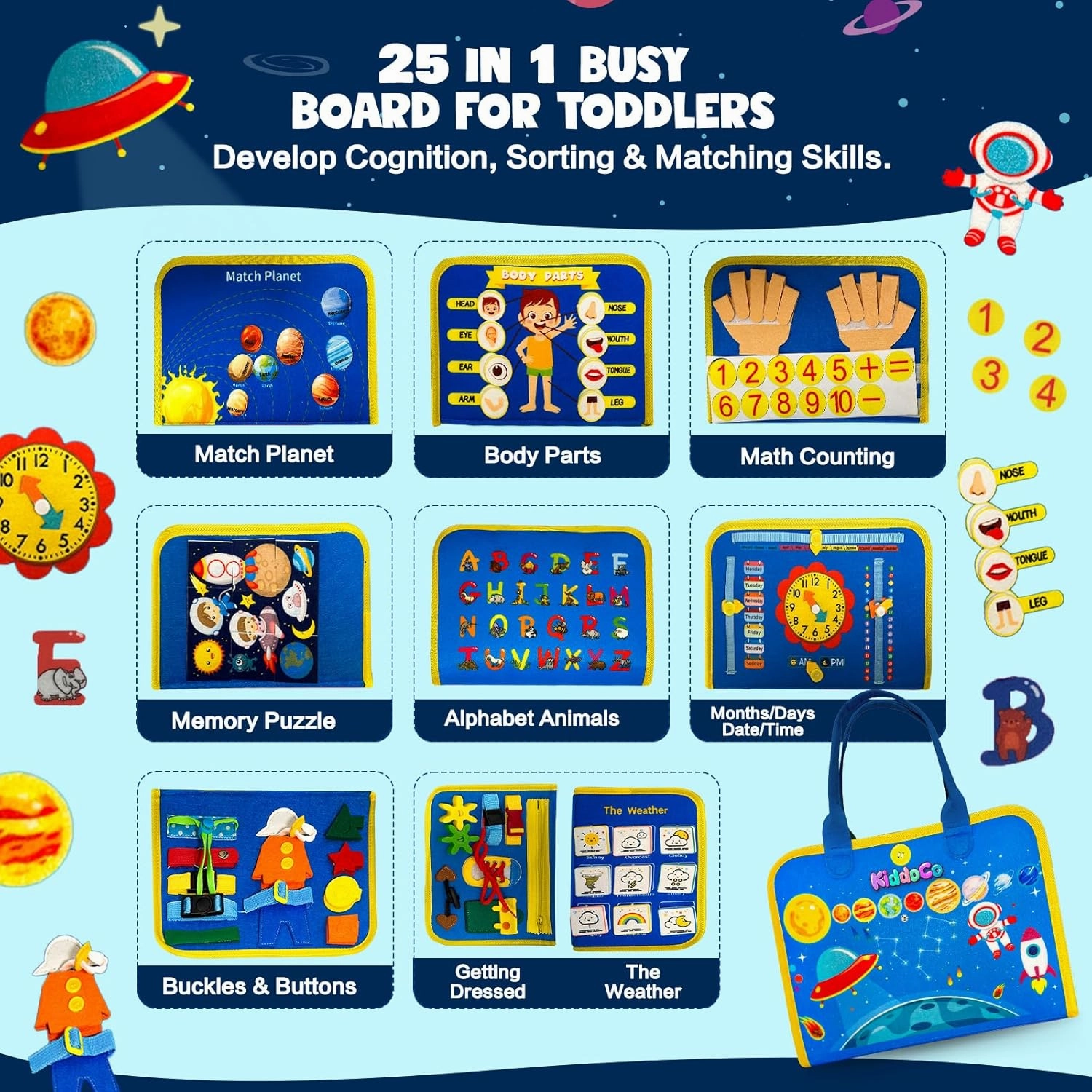 Busy Board Book Bag for Kids | Interactive Learning Activities for Toddlers and Kids | Skill-Building Kit | Hair Braiding, Tying Shoes, Math, and Alphabet Puzzles, Felt Bag (Blue)
