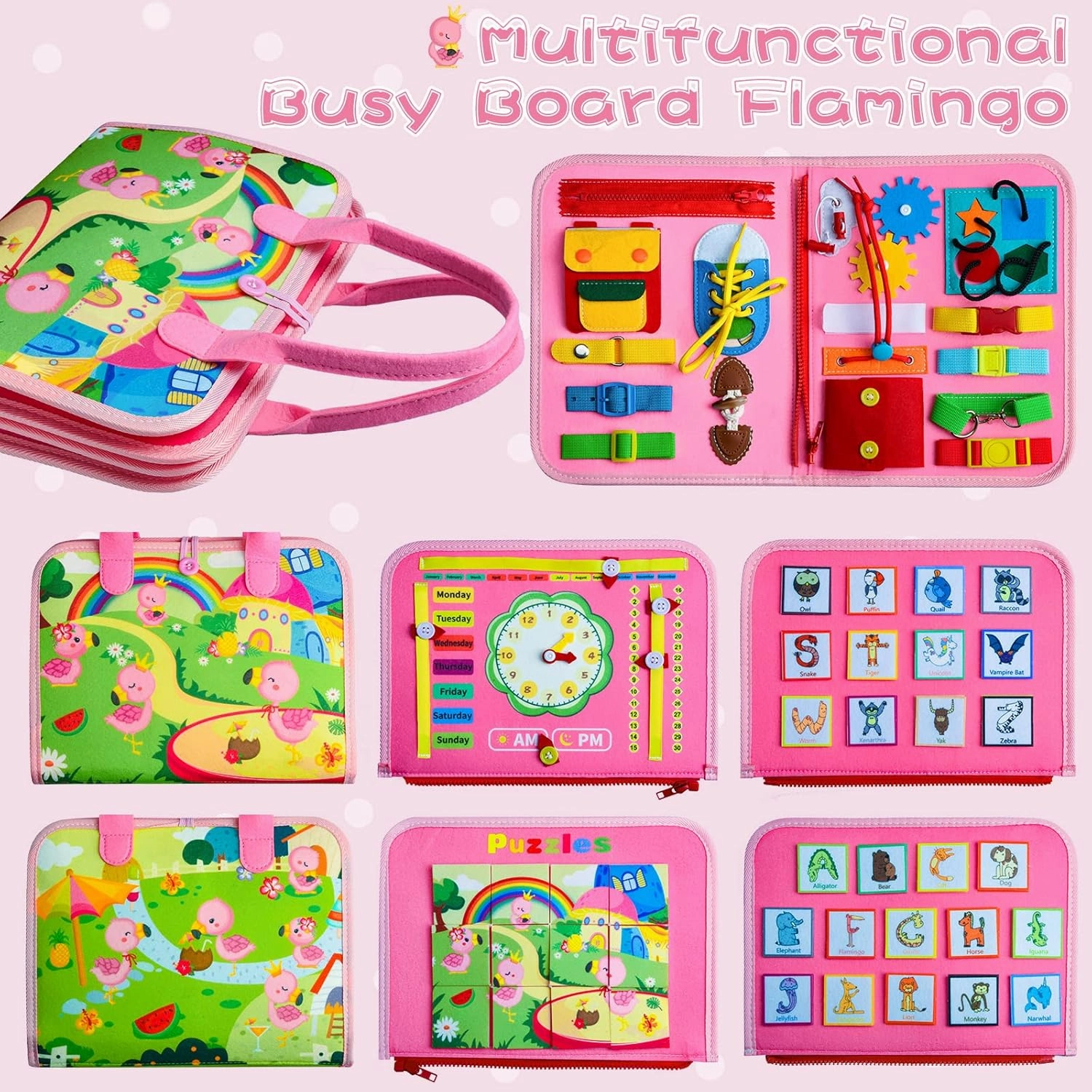 Busy Board Montessori Toys for Girls 1 2 3 4 Year Old, Toddler Kids Sensory Travel Essentials Busy Book Game with Dress Motor Skills& Alphabet Games & Preschool Learning Birthday Gift (Pink)