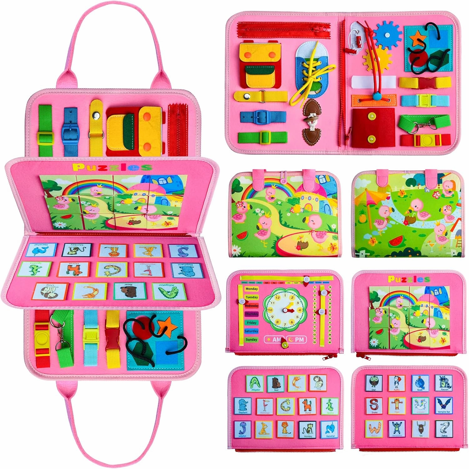 Busy Board Montessori Toys for Girls 1 2 3 4 Year Old, Toddler Kids Sensory Travel Essentials Busy Book Game with Dress Motor Skills& Alphabet Games & Preschool Learning Birthday Gift (Pink)