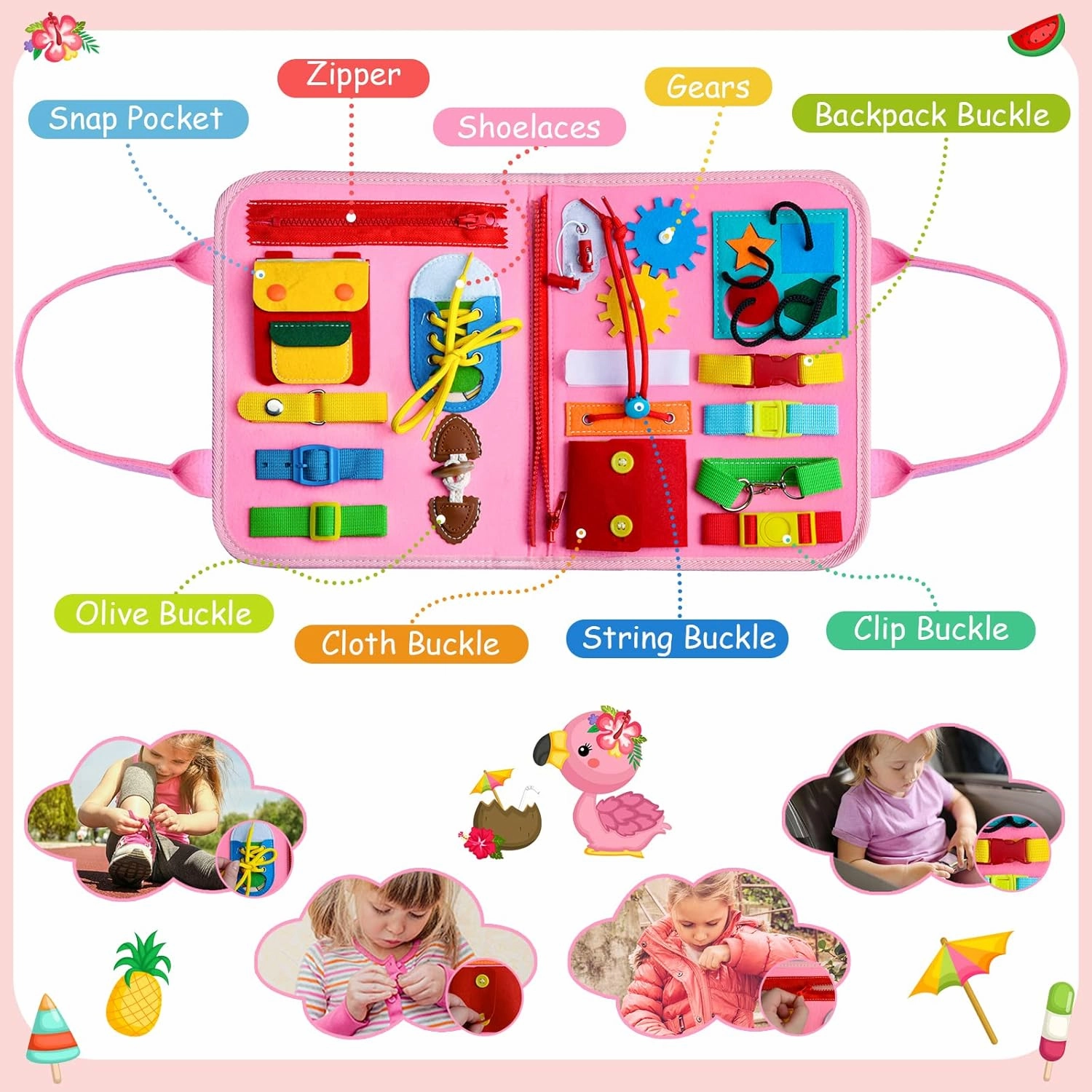 Busy Board Montessori Toys for Girls 1 2 3 4 Year Old, Toddler Kids Sensory Travel Essentials Busy Book Game with Dress Motor Skills& Alphabet Games & Preschool Learning Birthday Gift (Pink)