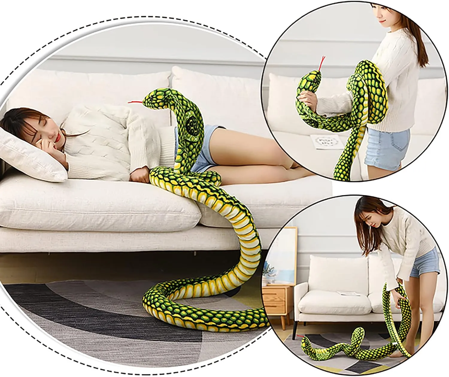 BXT Jumbo Lifelike Snake Toy Prank Props Scary Giant Cobra Plush 67 inch Long Soft Stuffed Animal Toy for Halloween Party, Green