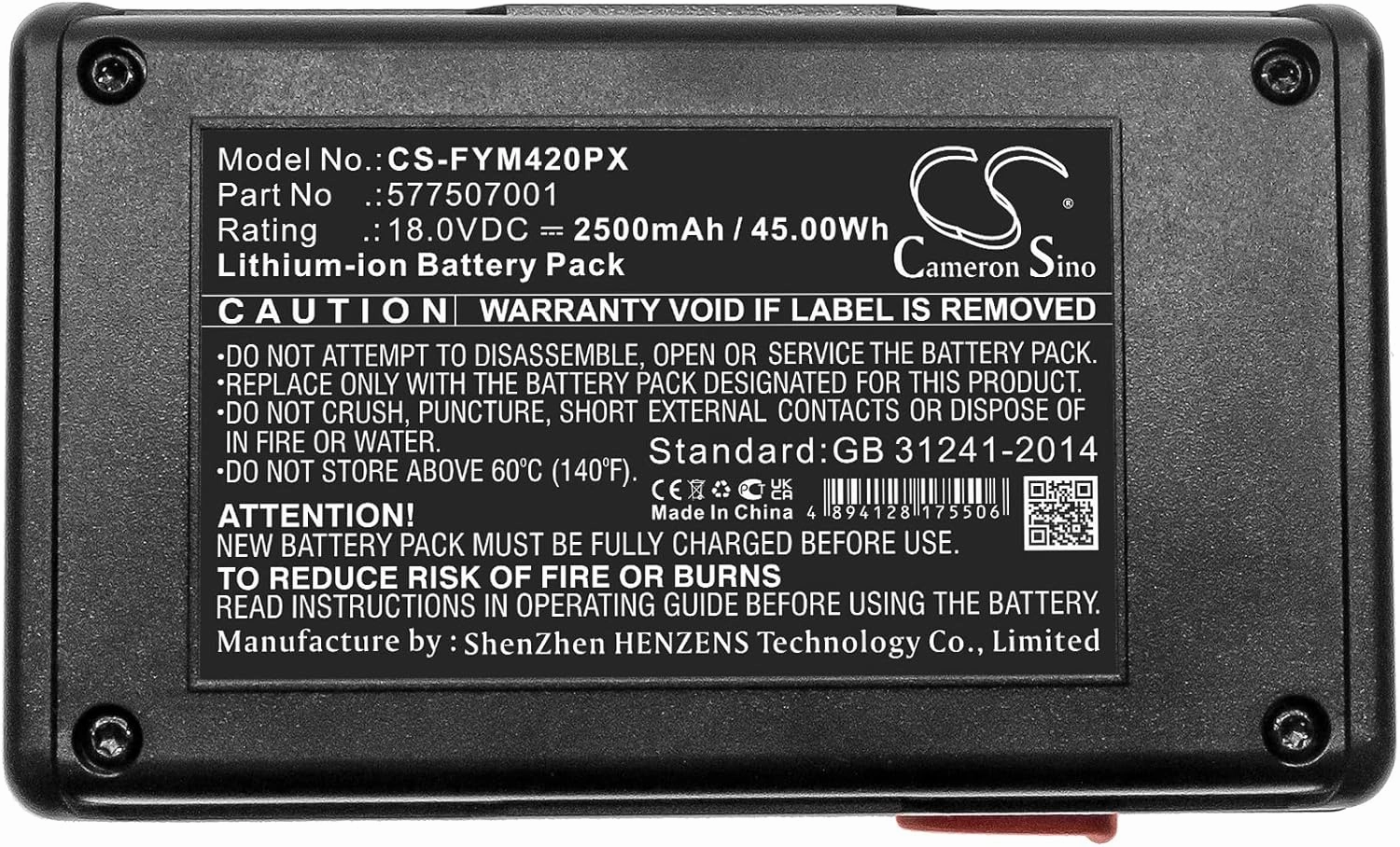 Cameron Sino Battery for Flymo Contour Cordless XT, Easicut 420, Easicut 500 PN:Flymo 577507001, CCT250-3 2500mAh / 45.00Wh