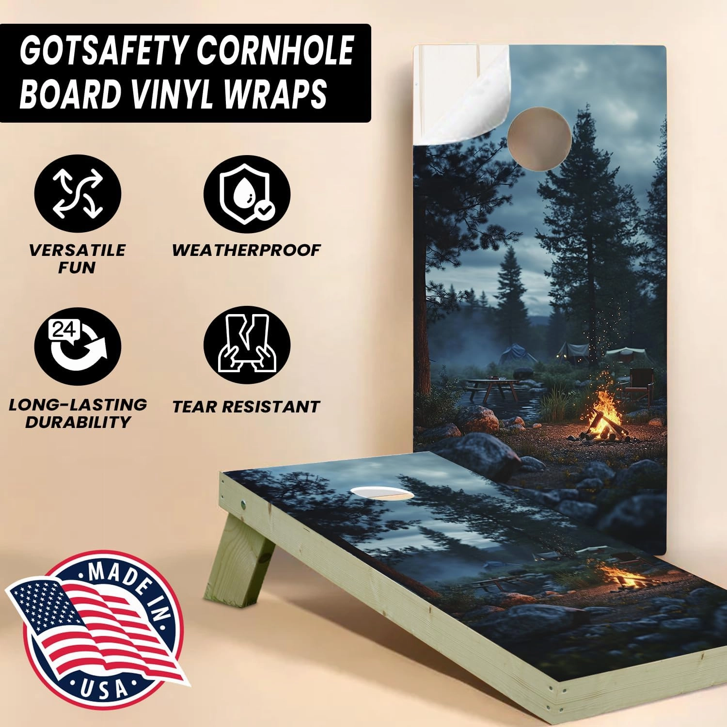 Camp Fire Cornhole Decal, Cornhole Board Vinyl Wraps Only - Durable and Easy to Apply & Adhesive - UV Protected & Printing, Set of Two - Cornhole Skins for Boards (48” x 24”)