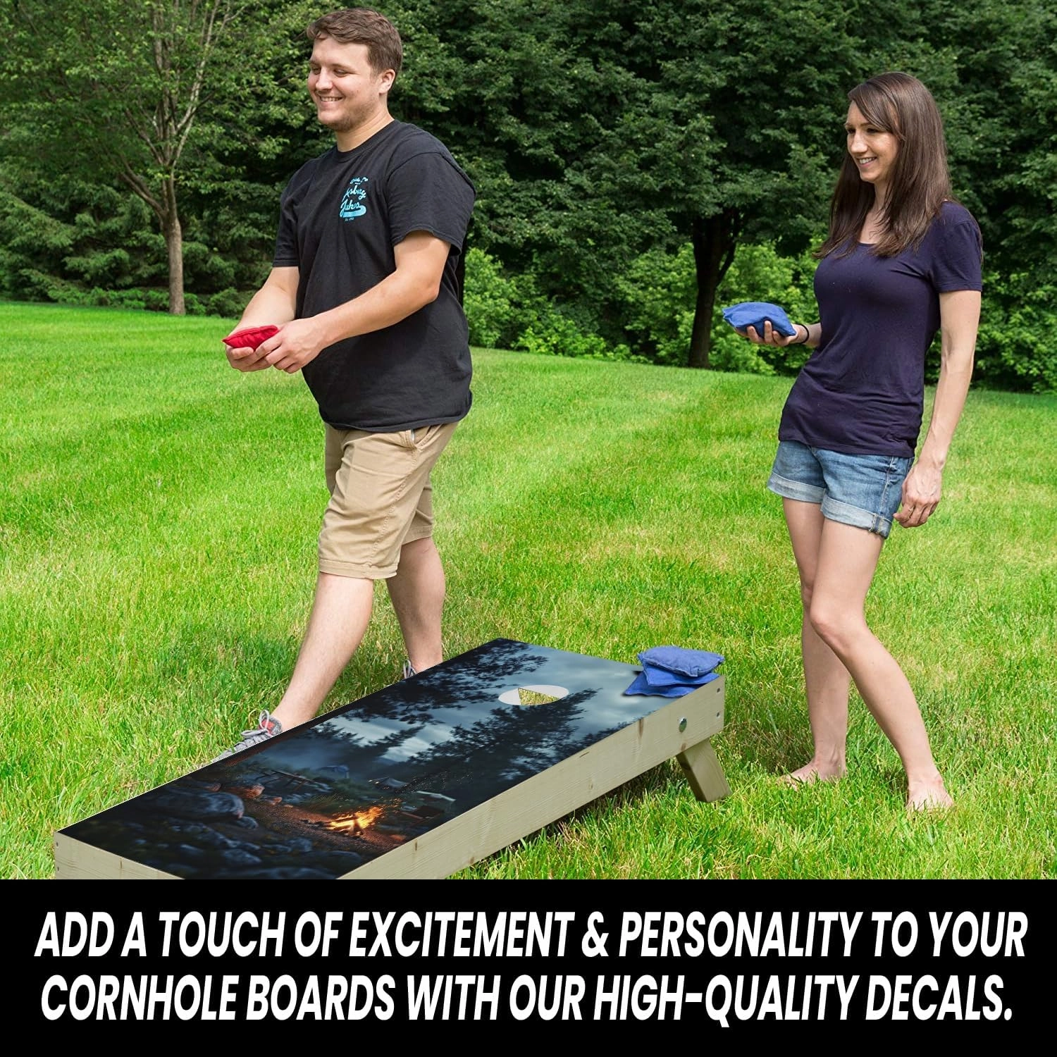 Camp Fire Cornhole Decal, Cornhole Board Vinyl Wraps Only - Durable and Easy to Apply & Adhesive - UV Protected & Printing, Set of Two - Cornhole Skins for Boards (48” x 24”)