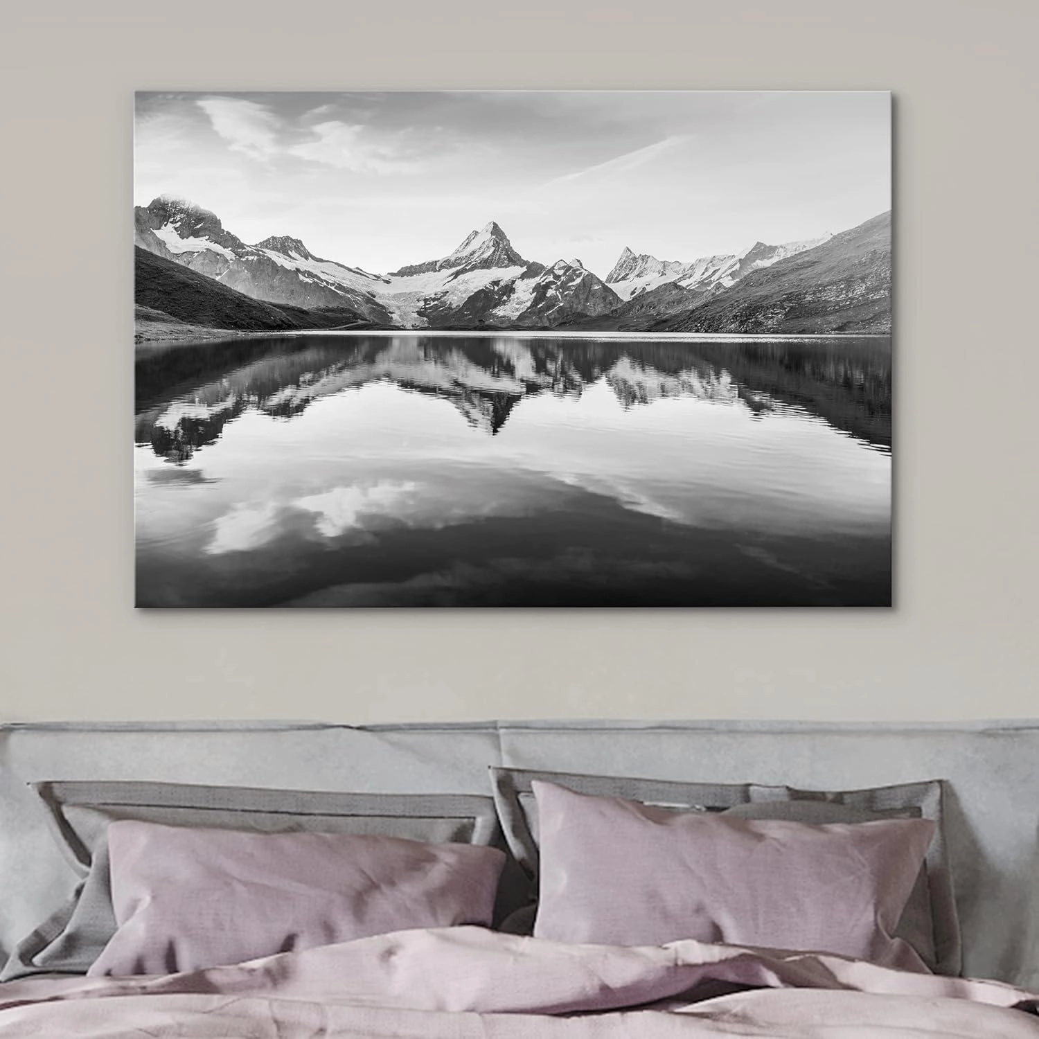 Canvas Print Wall Art Snow Capped Mountains with Lake Reflection Nature Wilderness Photography Realism Rustic Scenic Black and White for Living Room, Bedroom, Office - 12"x18"