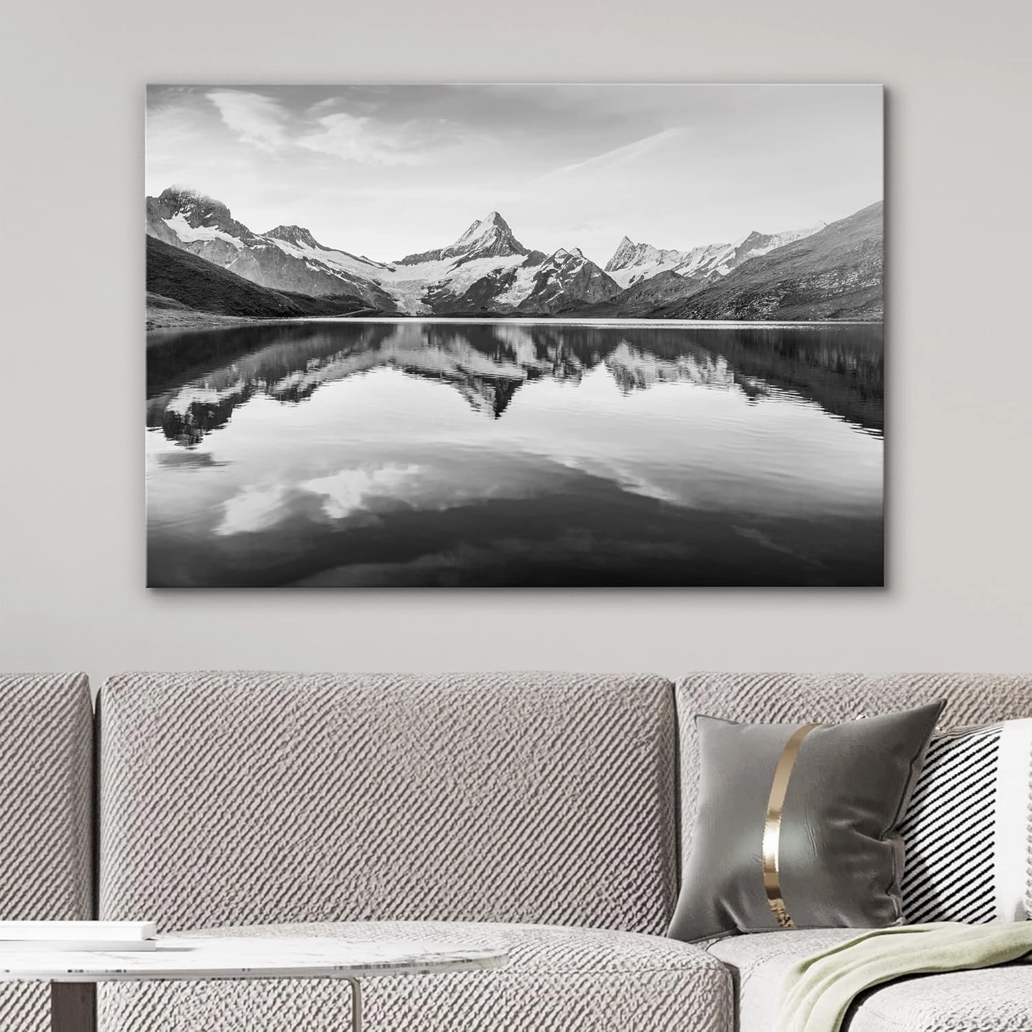 Canvas Print Wall Art Snow Capped Mountains with Lake Reflection Nature Wilderness Photography Realism Rustic Scenic Black and White for Living Room, Bedroom, Office - 12"x18"