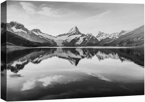 Canvas Print Wall Art Snow Capped Mountains with Lake Reflection Nature Wilderness Photography Realism Rustic Scenic Black and White for Living Room, Bedroom, Office - 12"x18"