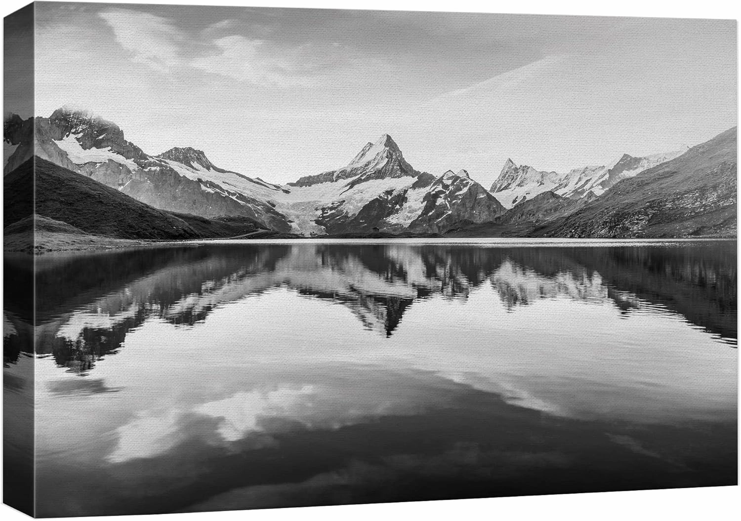 Canvas Print Wall Art Snow Capped Mountains with Lake Reflection Nature Wilderness Photography Realism Rustic Scenic Black and White for Living Room, Bedroom, Office - 12"x18"