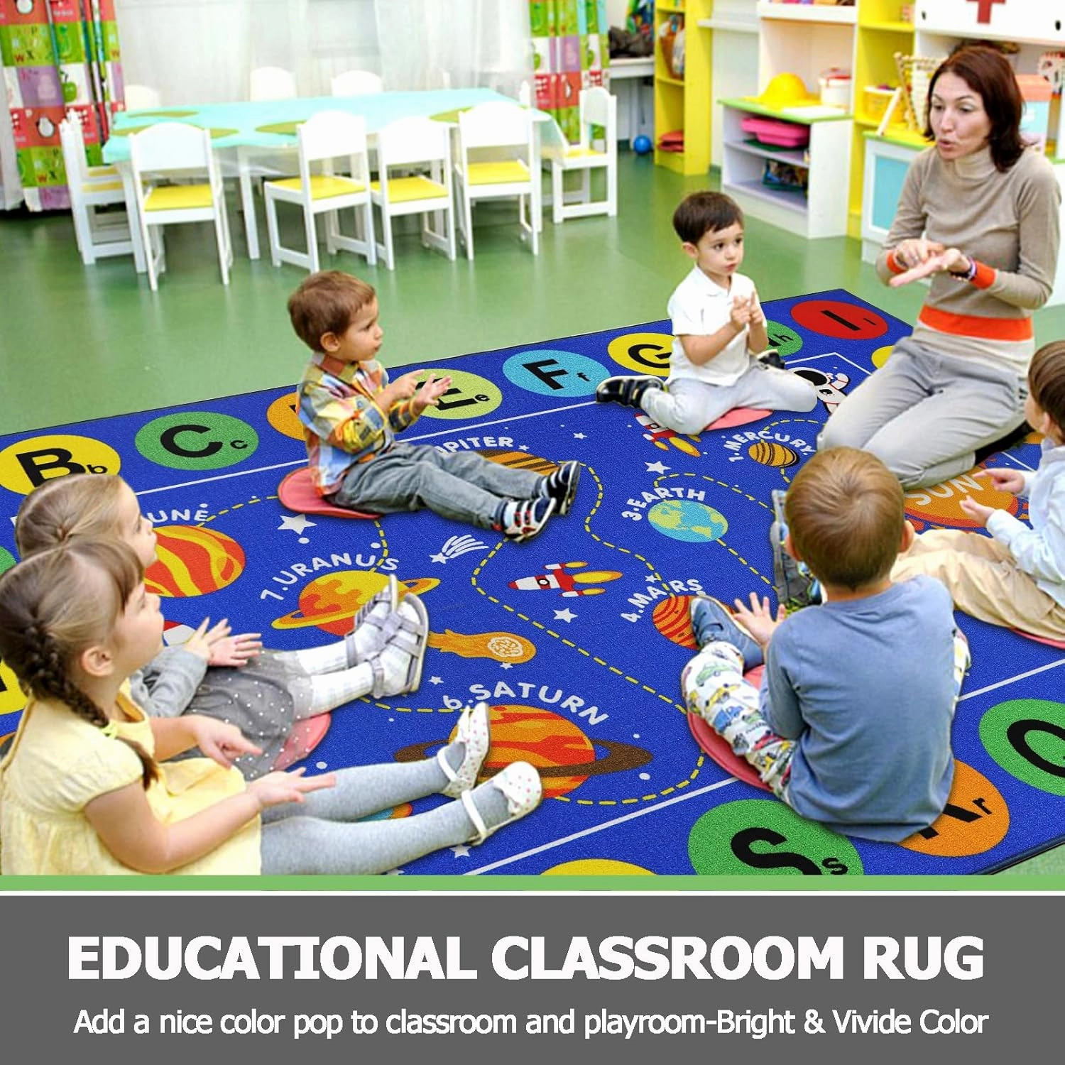 Capslpad Outer Space Classroom Rugs 6.6'x9.8' Non Slip ABC Alphabet Classroom Rug Elementary Solar System Kids Carpet Playmat Rug Educational Learning Kids Area Rug for Preschool Nursery Classroom