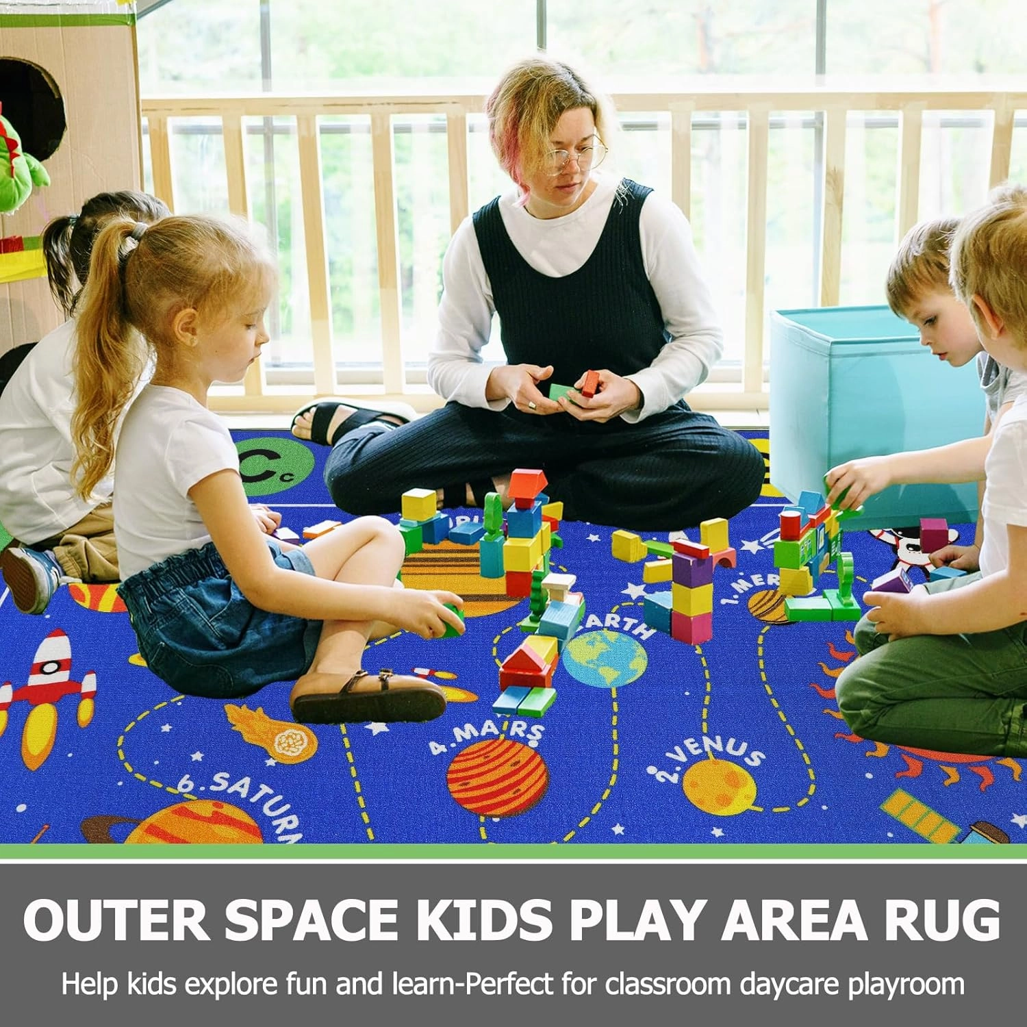 Capslpad Outer Space Classroom Rugs 6.6'x9.8' Non Slip ABC Alphabet Classroom Rug Elementary Solar System Kids Carpet Playmat Rug Educational Learning Kids Area Rug for Preschool Nursery Classroom