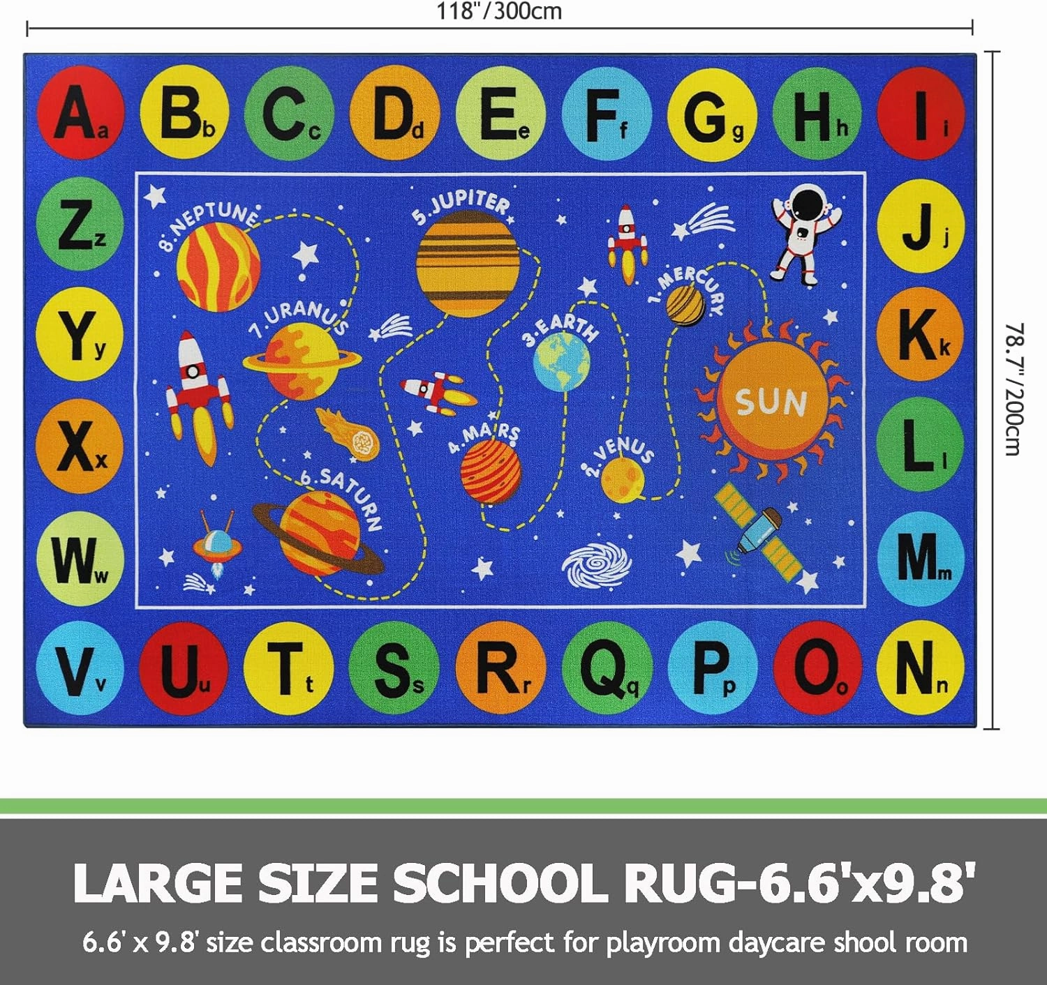 Capslpad Outer Space Classroom Rugs 6.6'x9.8' Non Slip ABC Alphabet Classroom Rug Elementary Solar System Kids Carpet Playmat Rug Educational Learning Kids Area Rug for Preschool Nursery Classroom