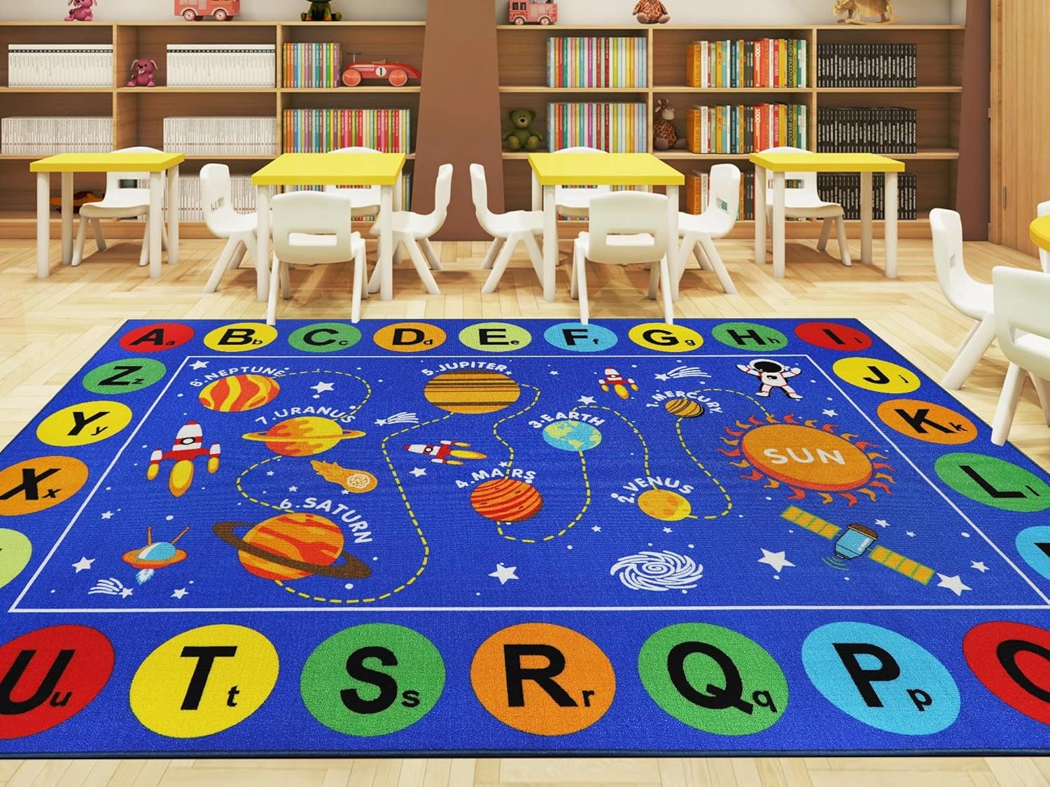 Capslpad Outer Space Classroom Rugs 6.6'x9.8' Non Slip ABC Alphabet Classroom Rug Elementary Solar System Kids Carpet Playmat Rug Educational Learning Kids Area Rug for Preschool Nursery Classroom