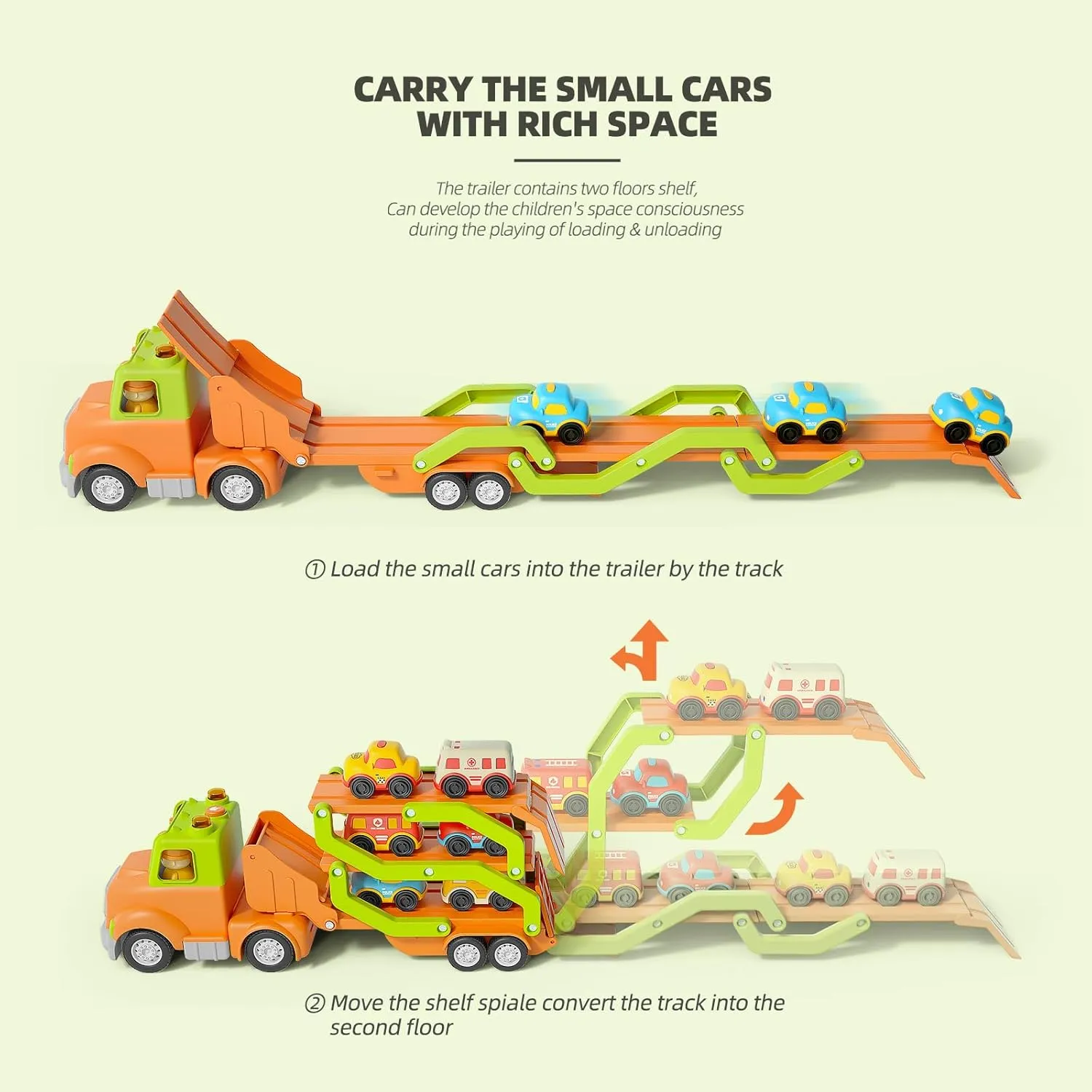 Car Toys for 2 3 4 5 Years Old Kids, Transport Car Carrier Truck Toy with 6 Vehicle, 30in Foldable Track Trailer with Light & Sound Effects