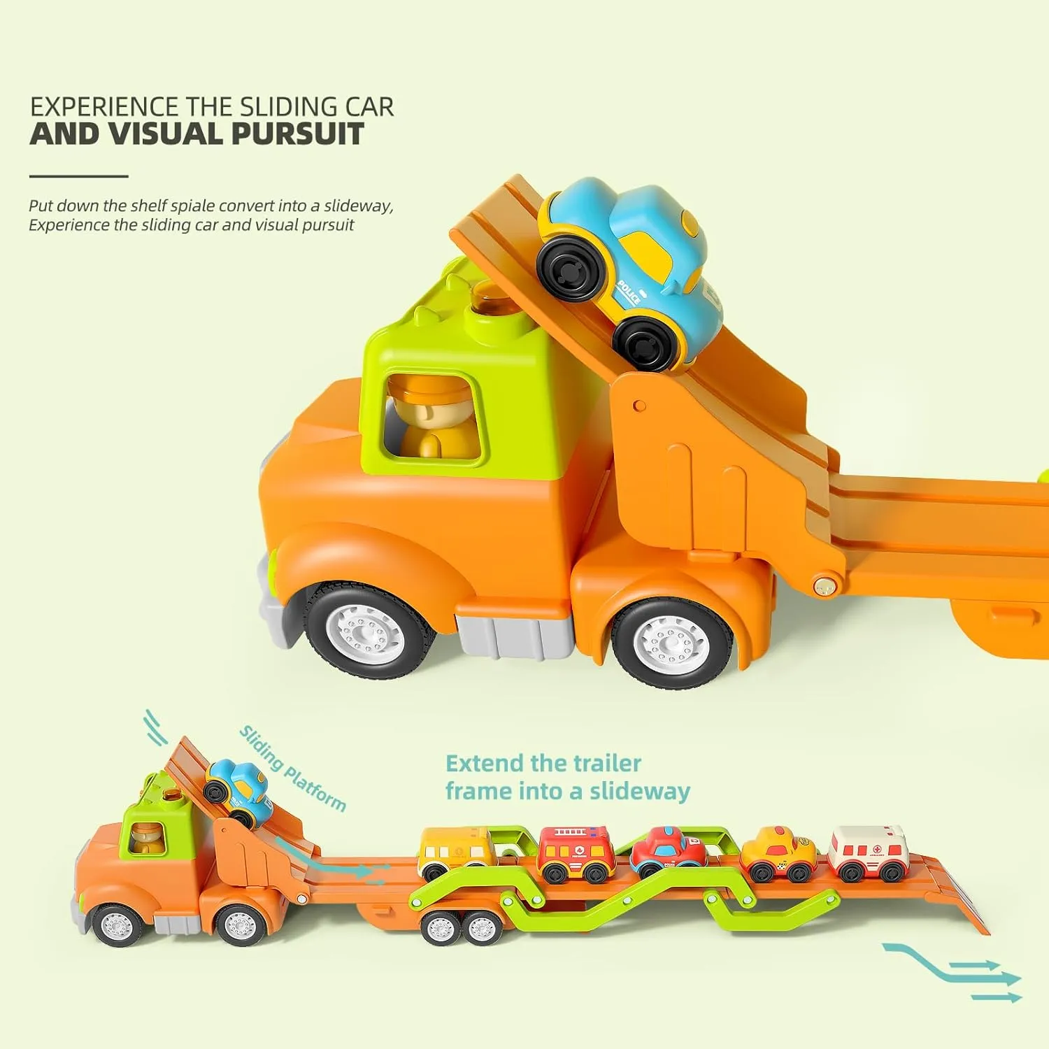 Car Toys for 2 3 4 5 Years Old Kids, Transport Car Carrier Truck Toy with 6 Vehicle, 30in Foldable Track Trailer with Light & Sound Effects