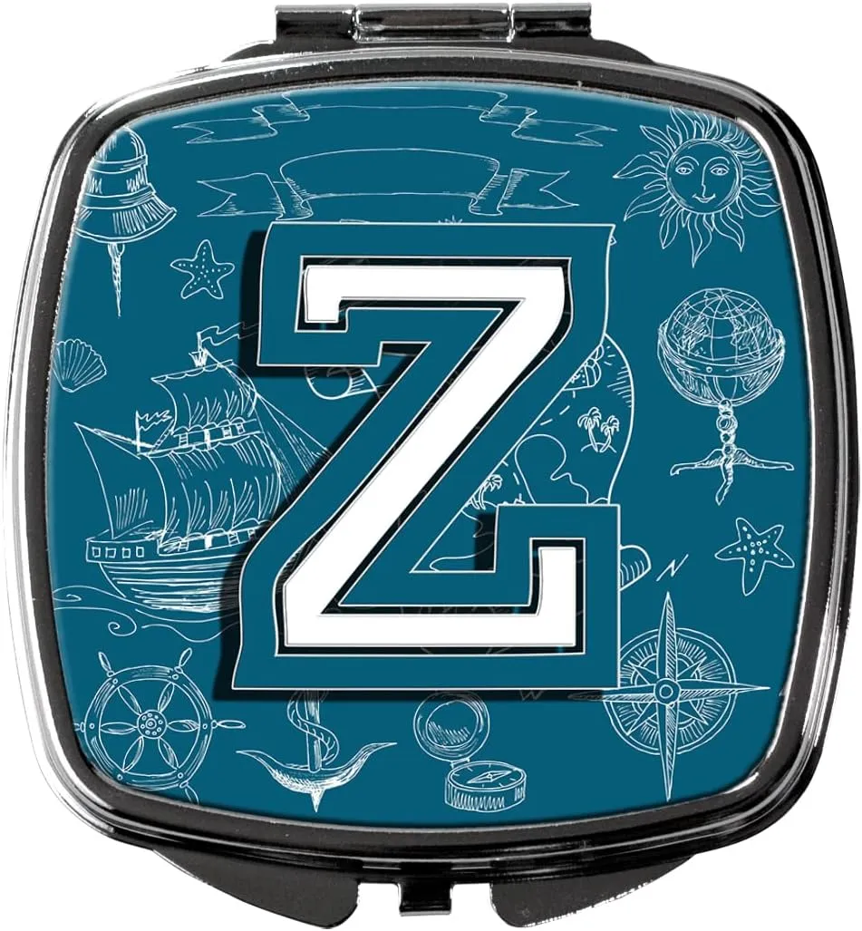Caroline's Treasures CJ2014-ZSCM Letter Z Sea Doodles Initial Alphabet Compact Mirror Decorative Travel Makeup Mirror for Women Girls Gifts Pocket Makeup Mirror Folding Handheld