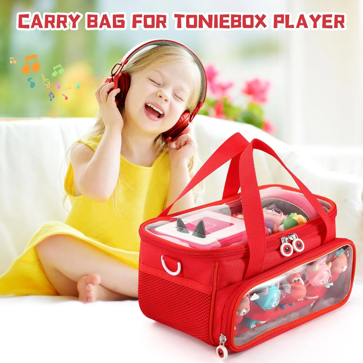 Carrying Case for Toniebox, Storage Carrier Bag for Tonie Characters with Shoulder Strap and Handle, Home Outdoor Hand Bag for Tonies Audio Player and Dolls (Red)