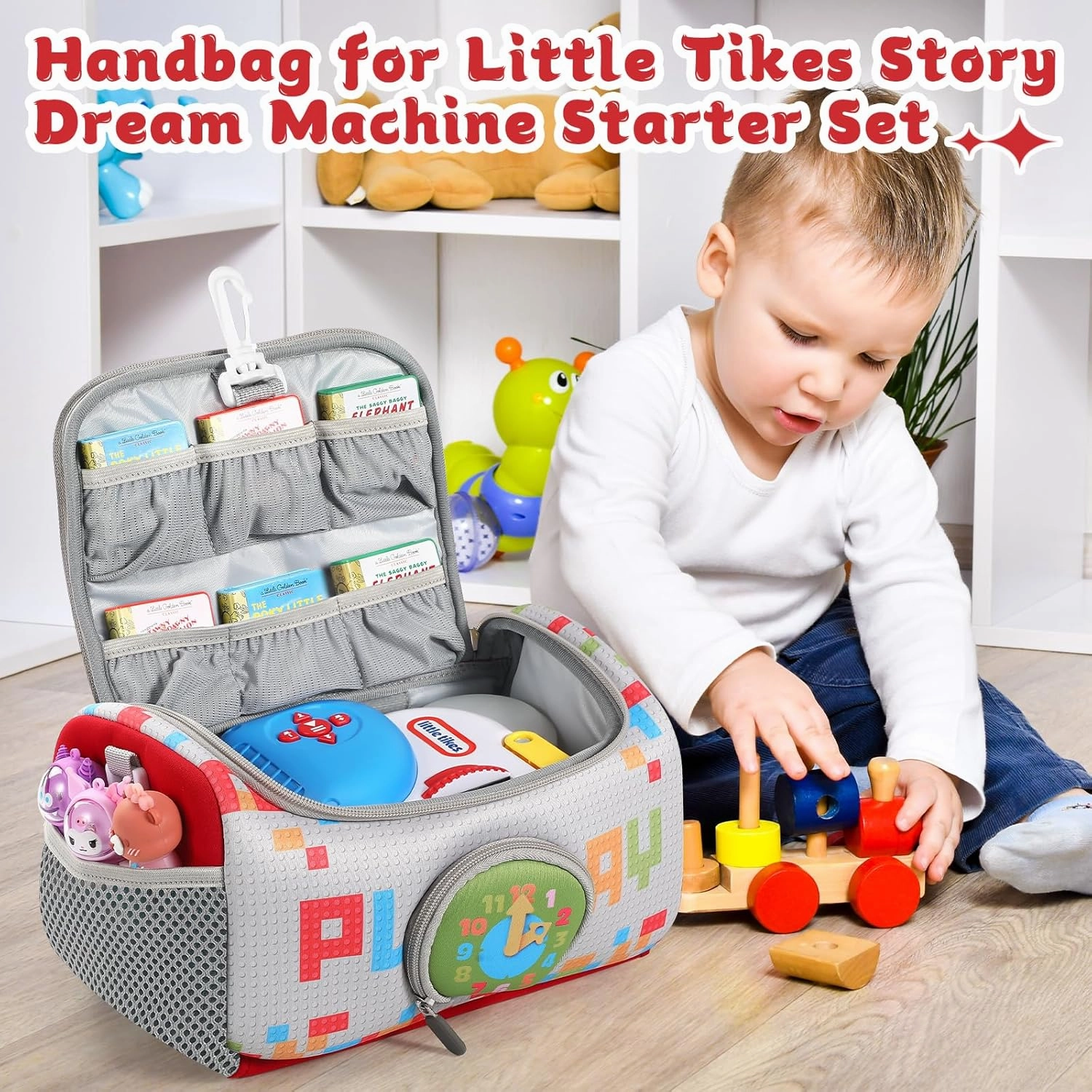 Carrying Case Compatible with Little Tikes Story Dream Machine Books Starter Set, Storage Carrier Bag for Storytime Audio Play Real for Littles Character Collection (Checkered)