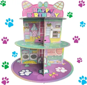 Cartoon Cat Dollhouse Cupcake Stand 3-Tier Pink Cake Stand for 24 Cupcakes Dollhouse Theme Birthday Supplies Pink Cute Cat Birthday Decorations for Girls