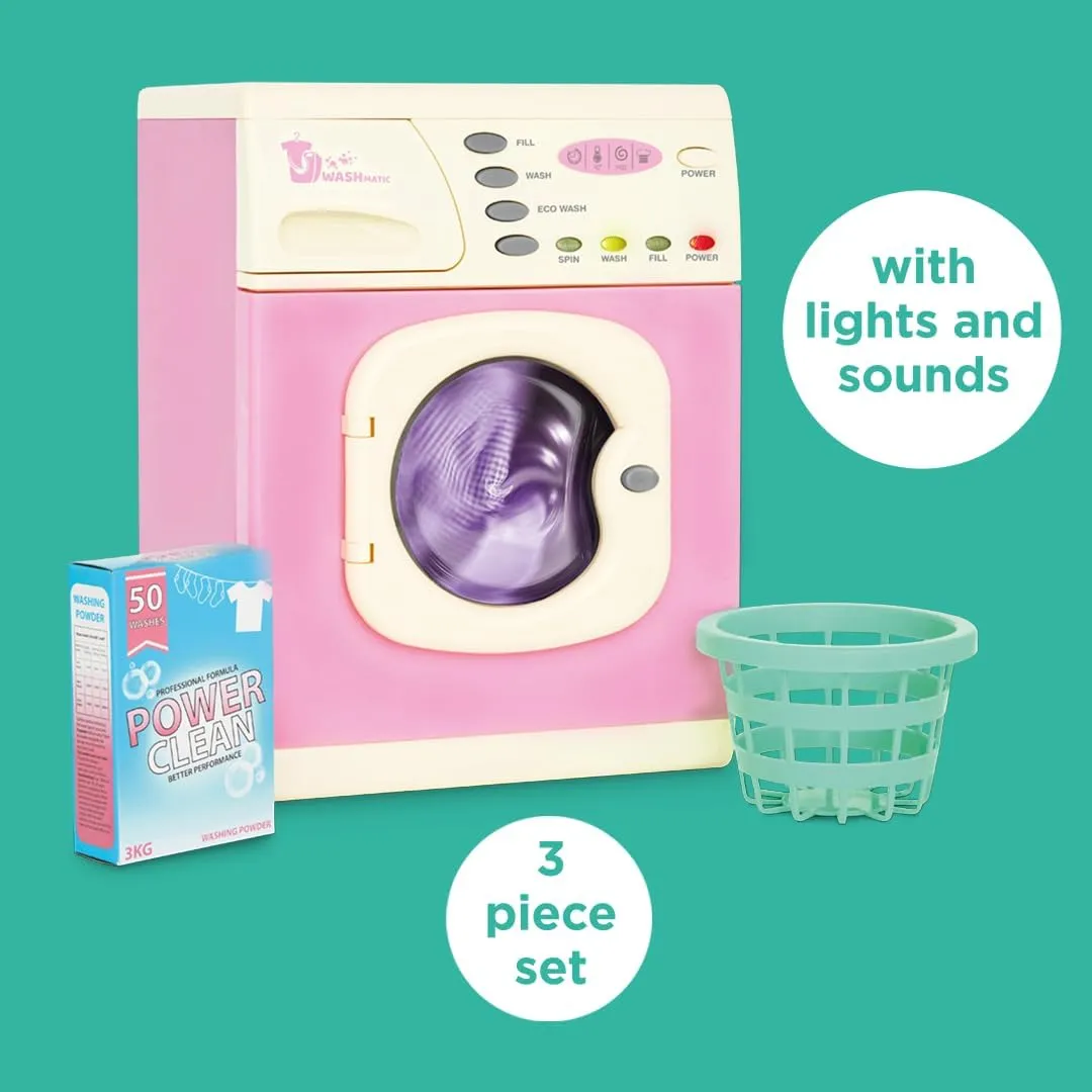 Casdon Pink Washer | Pink Toy Washing Machine for Children Aged 3  | Features Spinning Drum & Sound Effects for Realistic Play!