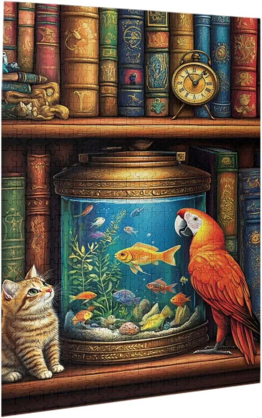 Cat and Parrot in Front of Fish Tank, Pet Puzzle 500 Pieces, Wooden Puzzles for Adults, Vibrant and Unique, Creative Entertainment Game, Challenging Brain Exercise, Stress Relief