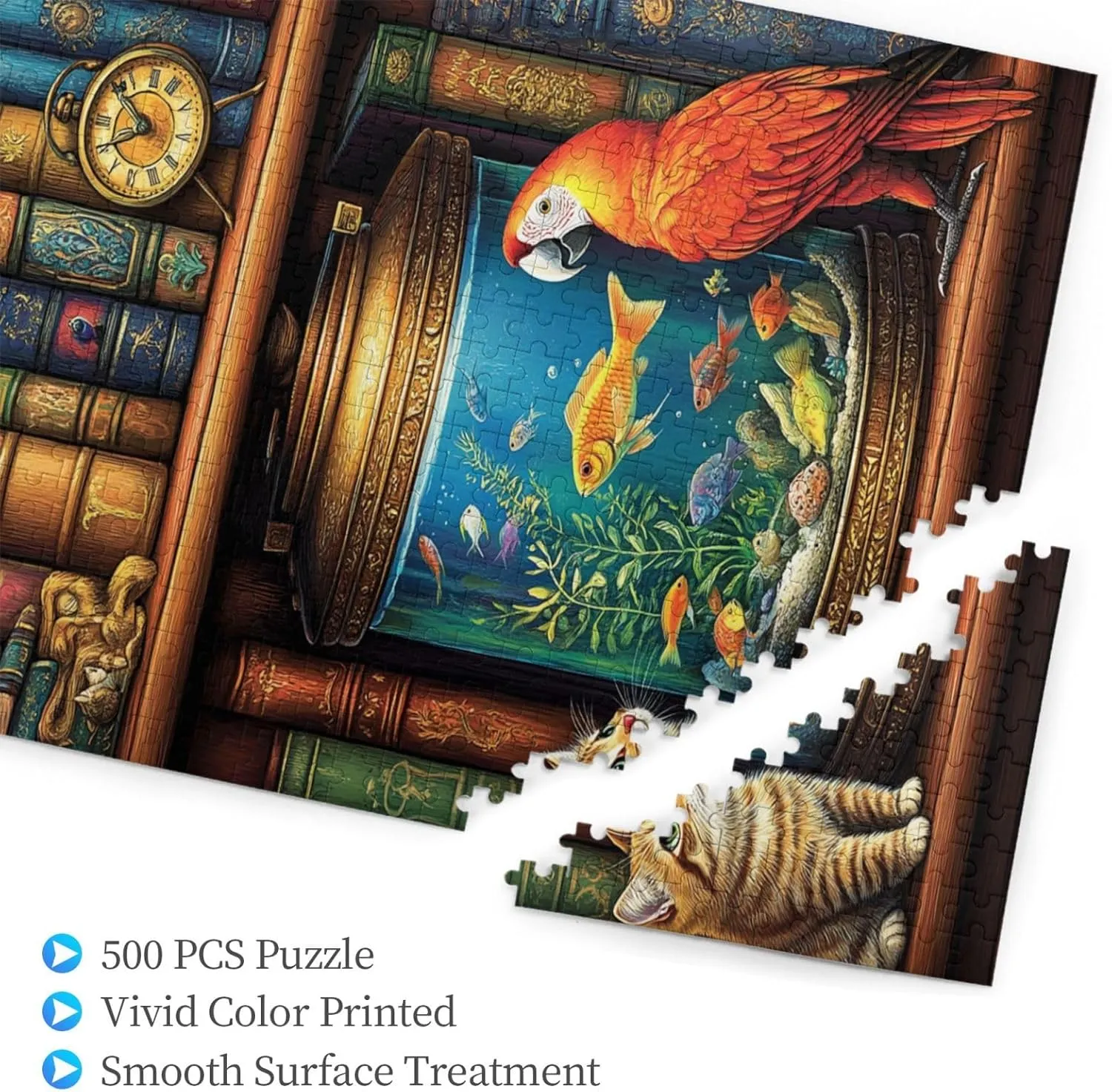 Cat and Parrot in Front of Fish Tank, Pet Puzzle 500 Pieces, Wooden Puzzles for Adults, Vibrant and Unique, Creative Entertainment Game, Challenging Brain Exercise, Stress Relief