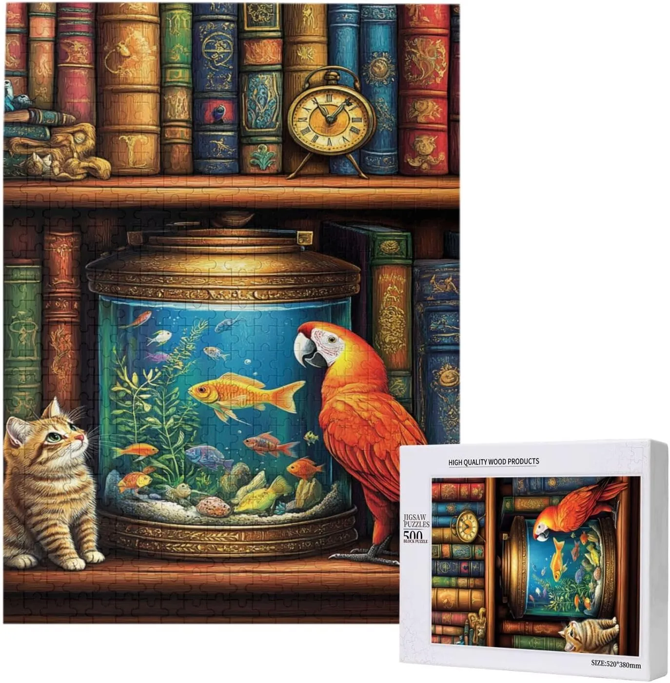 Cat and Parrot in Front of Fish Tank, Pet Puzzle 500 Pieces, Wooden Puzzles for Adults, Vibrant and Unique, Creative Entertainment Game, Challenging Brain Exercise, Stress Relief
