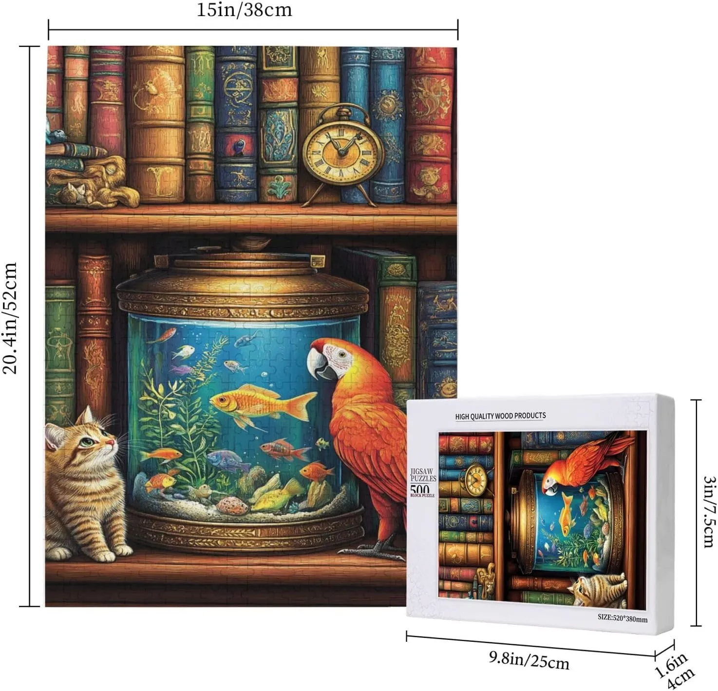 Cat and Parrot in Front of Fish Tank, Pet Puzzle 500 Pieces, Wooden Puzzles for Adults, Vibrant and Unique, Creative Entertainment Game, Challenging Brain Exercise, Stress Relief