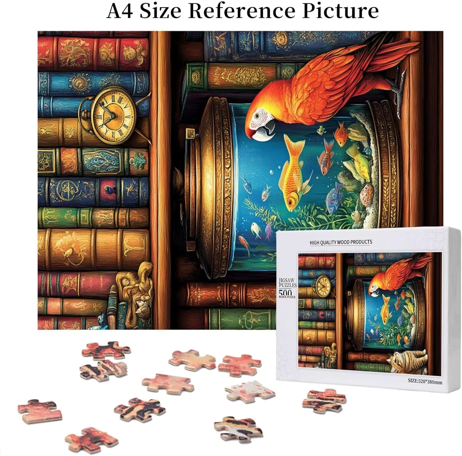 Cat and Parrot in Front of Fish Tank, Pet Puzzle 500 Pieces, Wooden Puzzles for Adults, Vibrant and Unique, Creative Entertainment Game, Challenging Brain Exercise, Stress Relief
