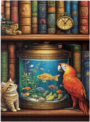 Cat and Parrot in Front of Fish Tank, Pet Puzzle 500 Pieces, Wooden Puzzles for Adults, Vibrant and Unique, Creative Entertainment Game, Challenging Brain Exercise, Stress Relief