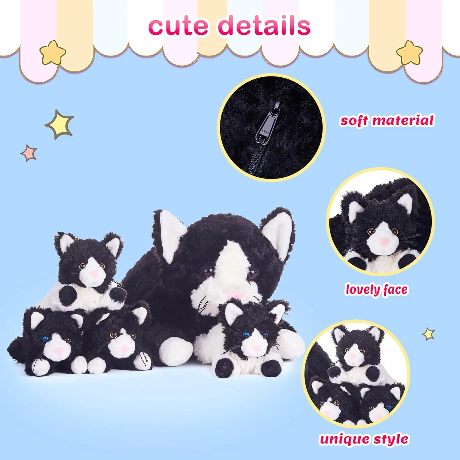 Cat Stuffed Animal Mom and Baby Plush Toy,16" Cute Small Soft Mama Family Set Huggable Cuddly Toys with Mini Little Babies,Gifts for Kids