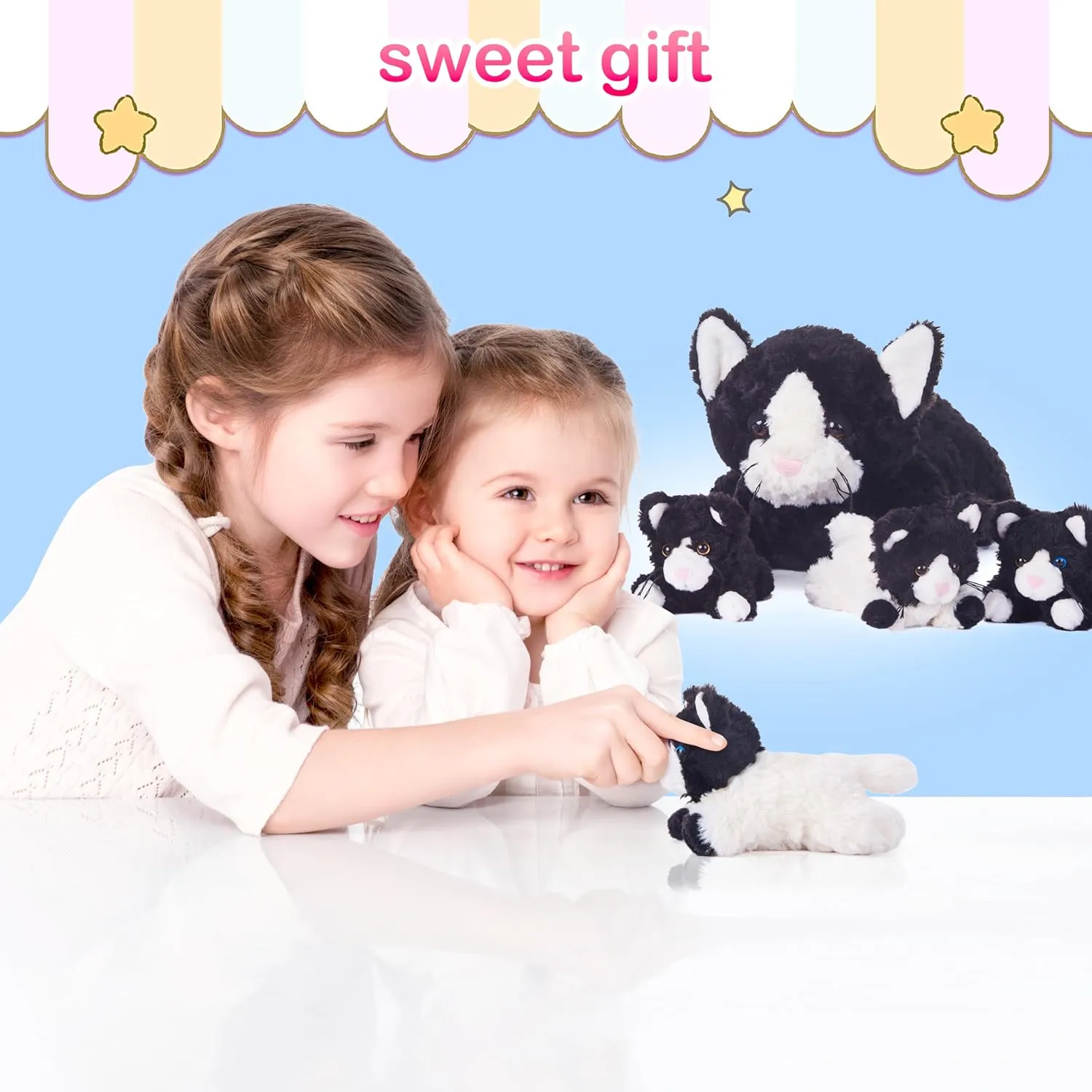 Cat Stuffed Animal Mom and Baby Plush Toy,16" Cute Small Soft Mama Family Set Huggable Cuddly Toys with Mini Little Babies,Gifts for Kids