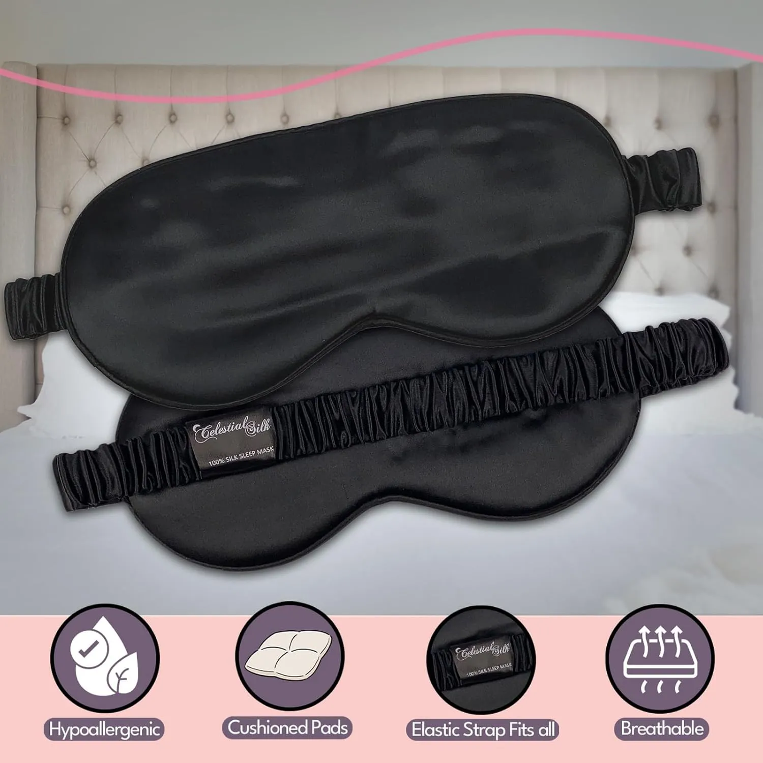 CELESTIAL SILK 100% Silk Sleep Mask for Women with Silk Covered Elastic Strap, Eye Mask for Sleeping (One Size, Black)