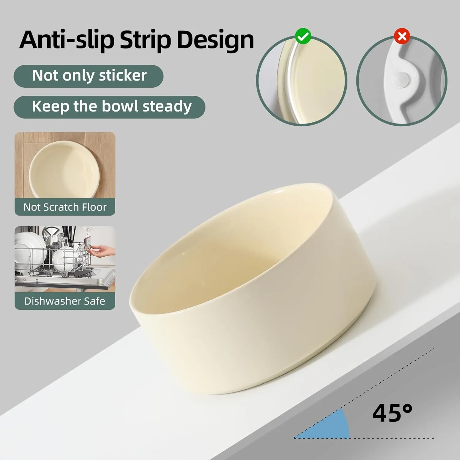 Ceramic 8.2inch Raised Dog Bowl with Stand for Large- Breed Dogs, Pet Food and Water Feeder (Double Bowl with Stand - Beige)