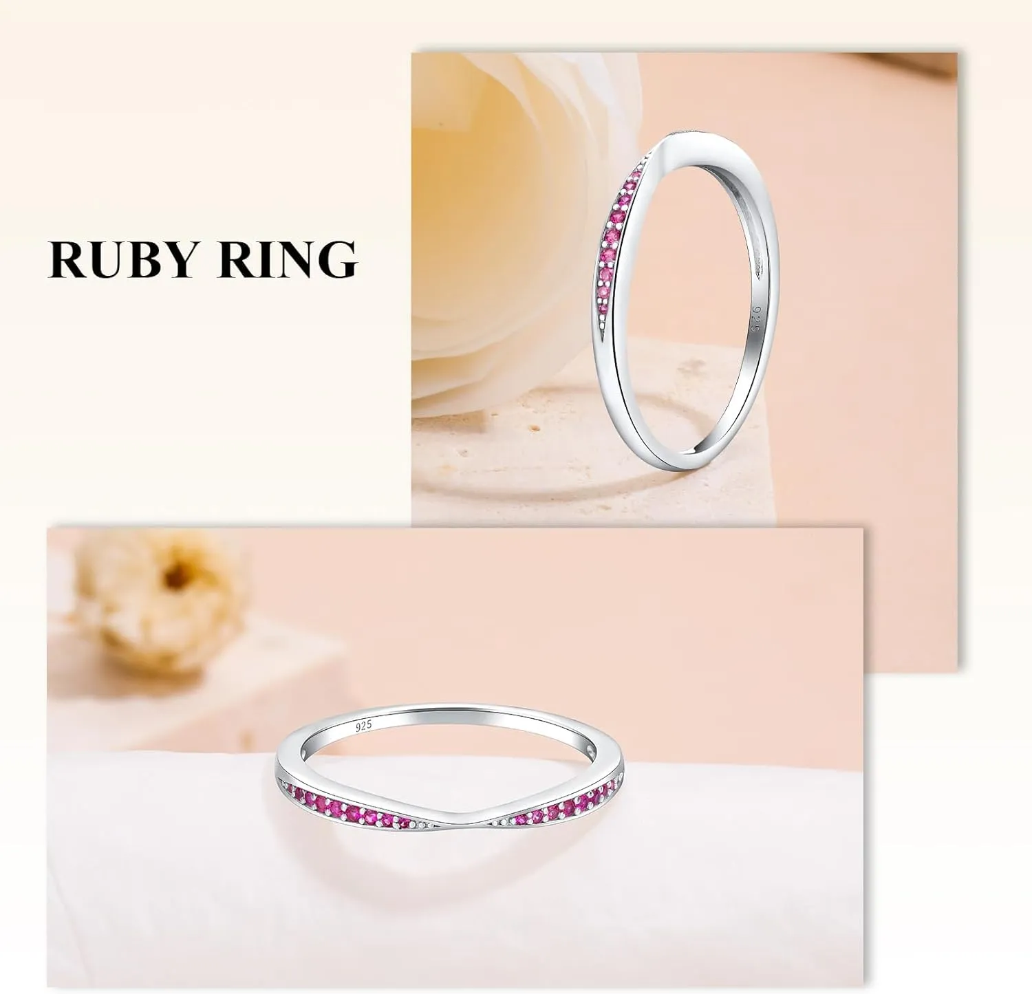 Channel Set Moissanite/Blue Sapphire/Emerald/Ruby Wedding Band 925 Sterling Silver 2mm Width Stackable Birthstone Rings for Lover Women Bow Ring, Size 6 to 10 (Send Gift Box)