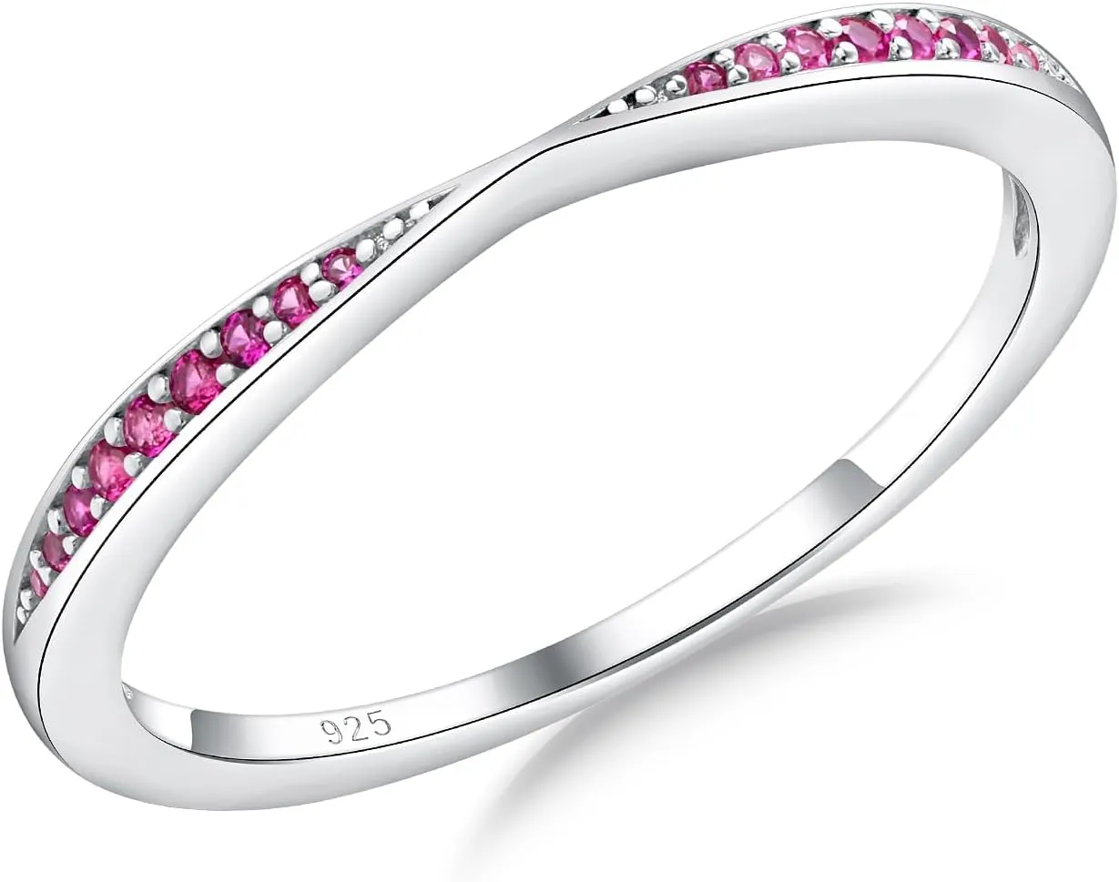 Channel Set Moissanite/Blue Sapphire/Emerald/Ruby Wedding Band 925 Sterling Silver 2mm Width Stackable Birthstone Rings for Lover Women Bow Ring, Size 6 to 10 (Send Gift Box)