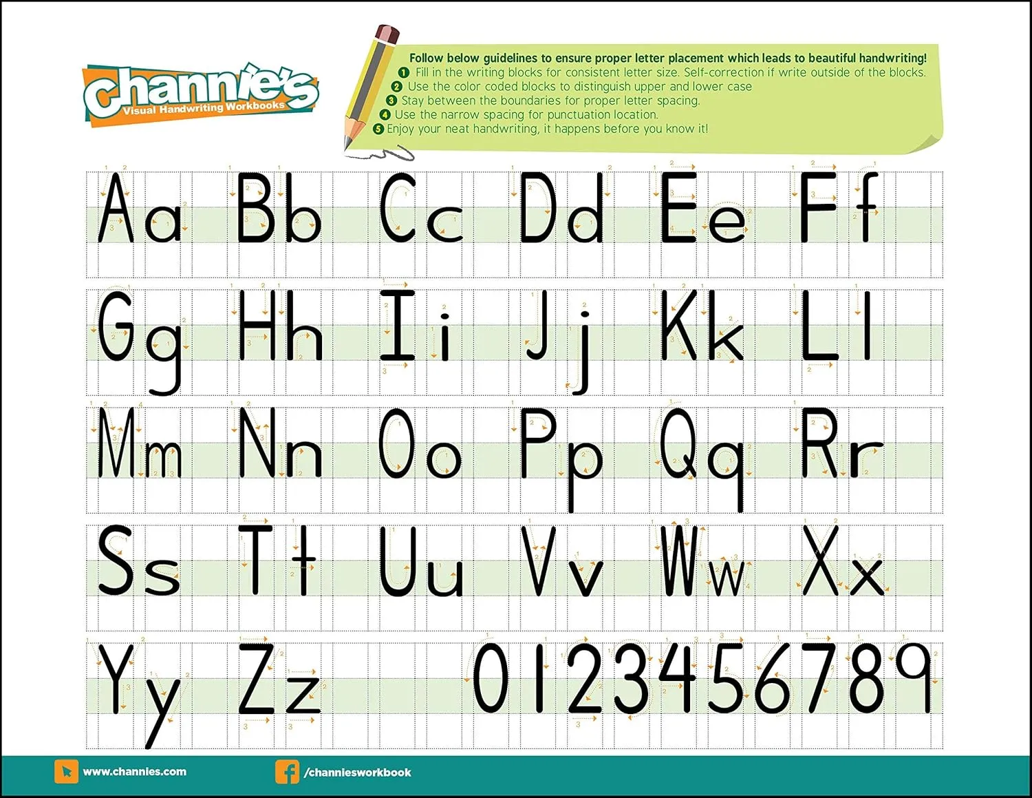 Channie’s My First Letters, Pre K - Kindergarten Writing Workbook, Fun Way to Practice Letter Tracing for Kids Ages 3-5, Easy to Follow, Color-Coded, 40 Double-Printed Worksheets