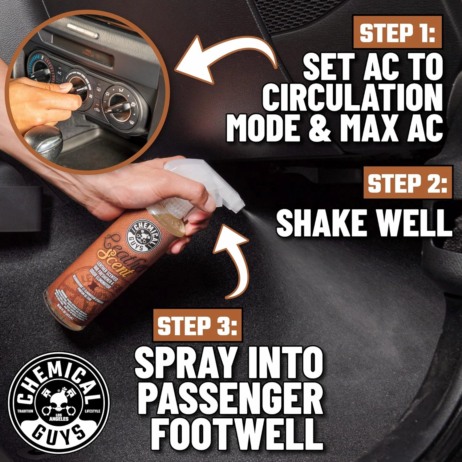 Chemical Guys AIR_102_16 Leather Scent Premium Air Freshener and Odor Eliminator, Long-Lasting, Just Like New Scent for Cars, Trucks, SUVs, RVs & More, 16 fl oz