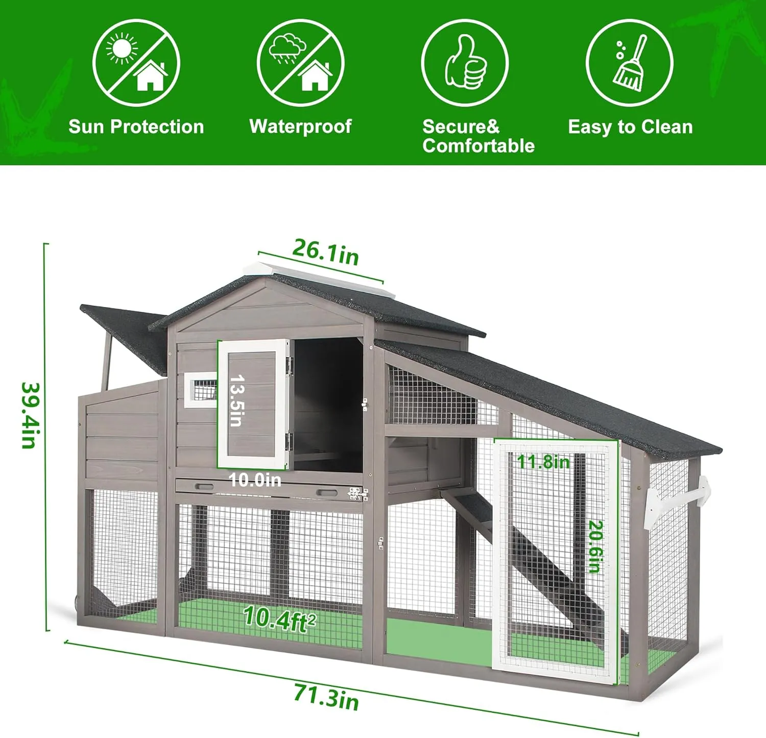 Chicken Coop with Run Mobile Large Nesting Box - Back Yard Wooden Chicken House Outdoor Poultry Cage, UV Proof Asphalt Roof