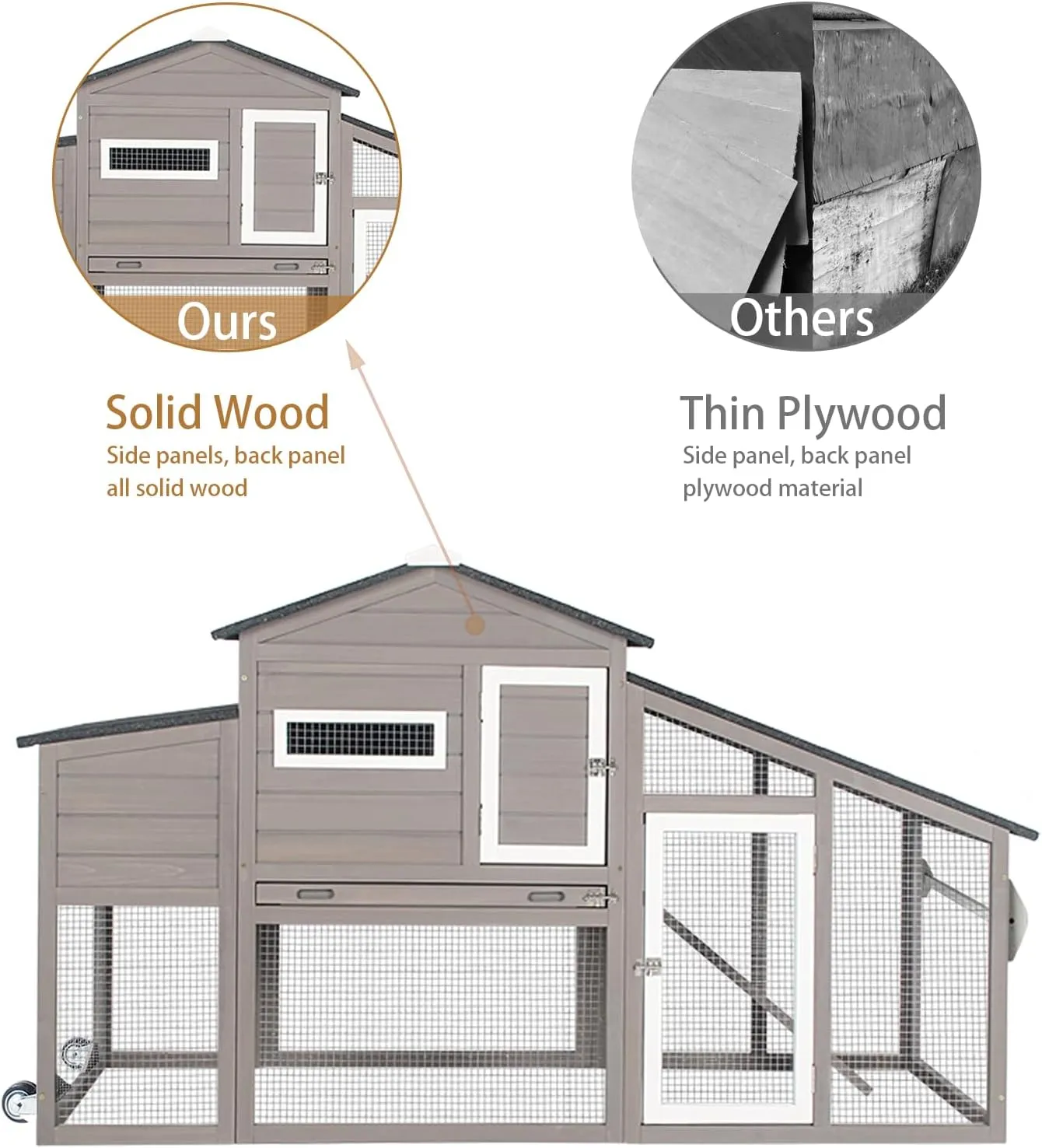 Chicken Coop with Run Mobile Large Nesting Box - Back Yard Wooden Chicken House Outdoor Poultry Cage, UV Proof Asphalt Roof