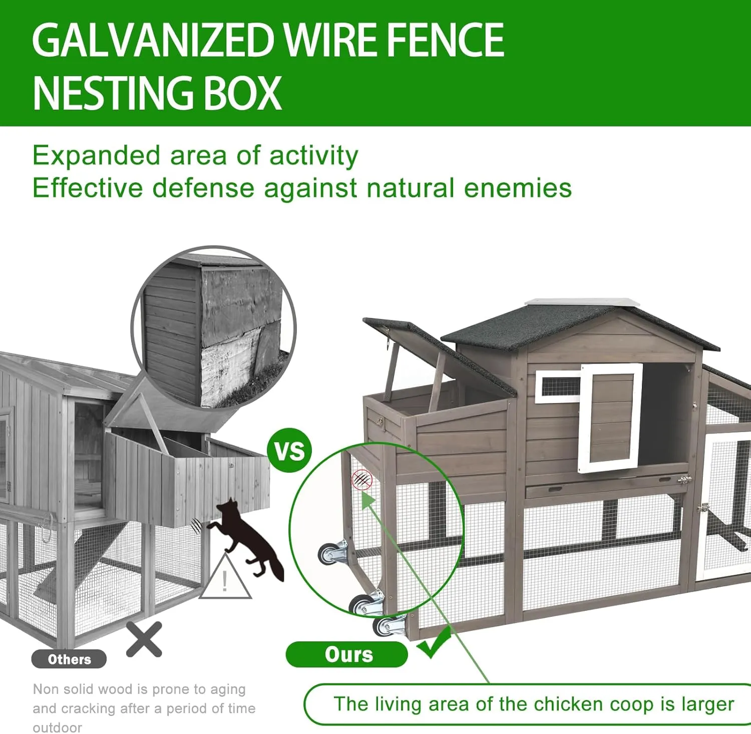 Chicken Coop with Run Mobile Large Nesting Box - Back Yard Wooden Chicken House Outdoor Poultry Cage, UV Proof Asphalt Roof