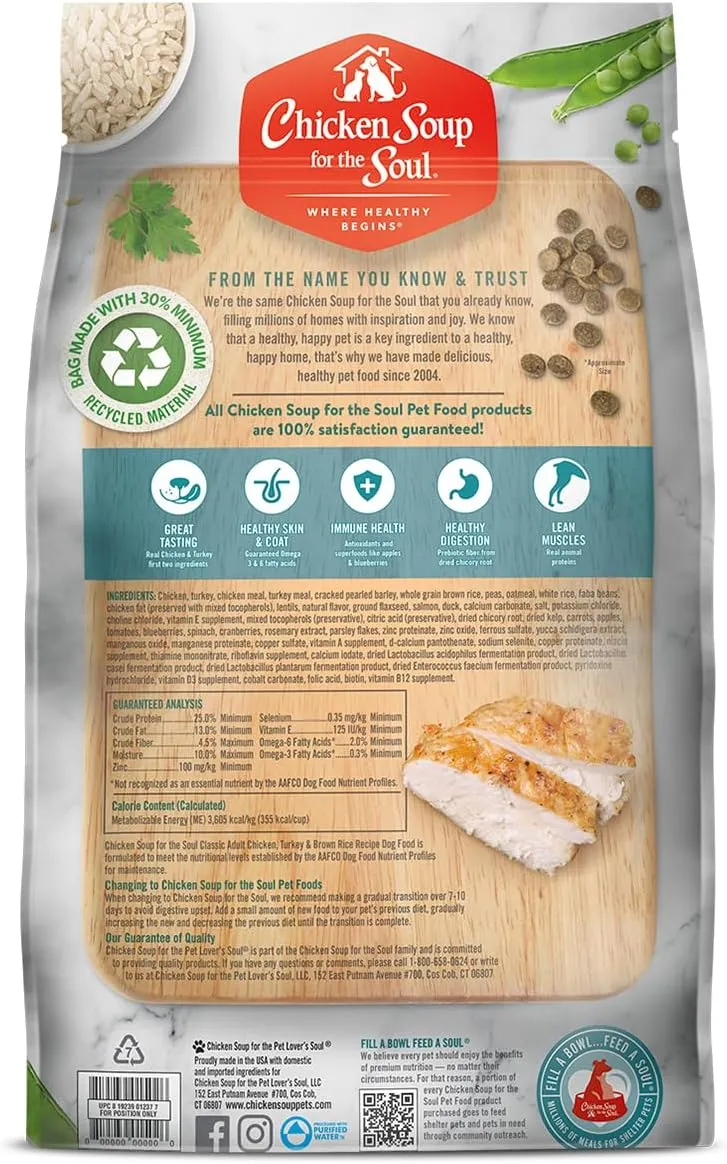 Chicken Soup For The Soul Pet Food Classic Dry Adult Dog Food, Chicken, Turkey & Brown Rice Recipe, 28 Pound Bag | Soy Free, Corn Free, Wheat Free, Dry Dog Food Made with Real Ingredients