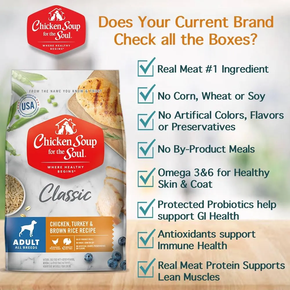 Chicken Soup For The Soul Pet Food Classic Dry Adult Dog Food, Chicken, Turkey & Brown Rice Recipe, 28 Pound Bag | Soy Free, Corn Free, Wheat Free, Dry Dog Food Made with Real Ingredients