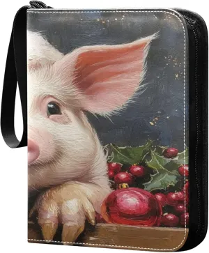 Christmas Pig Card Binder 4 Pocket Collectible Trading Card Albums with 50 Sleeves Double Side PU Waterproof 3 Ring for Sports & Game Cards
