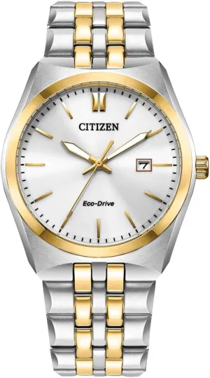 Citizen Men's Classic Corso Eco-Drive Watch, 3-Hand Date, Luminous Hands and Markers, Two-Tone Stainless Steel, White Dial