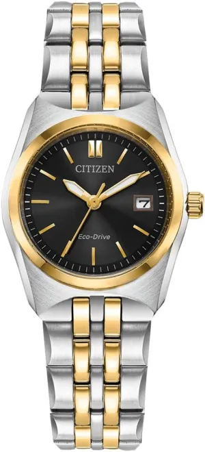 Citizen Women's Eco-Drive Corso Classic Watch in Two-Tone Stainless Steel, Black Dial (Model: EW2299-50E)