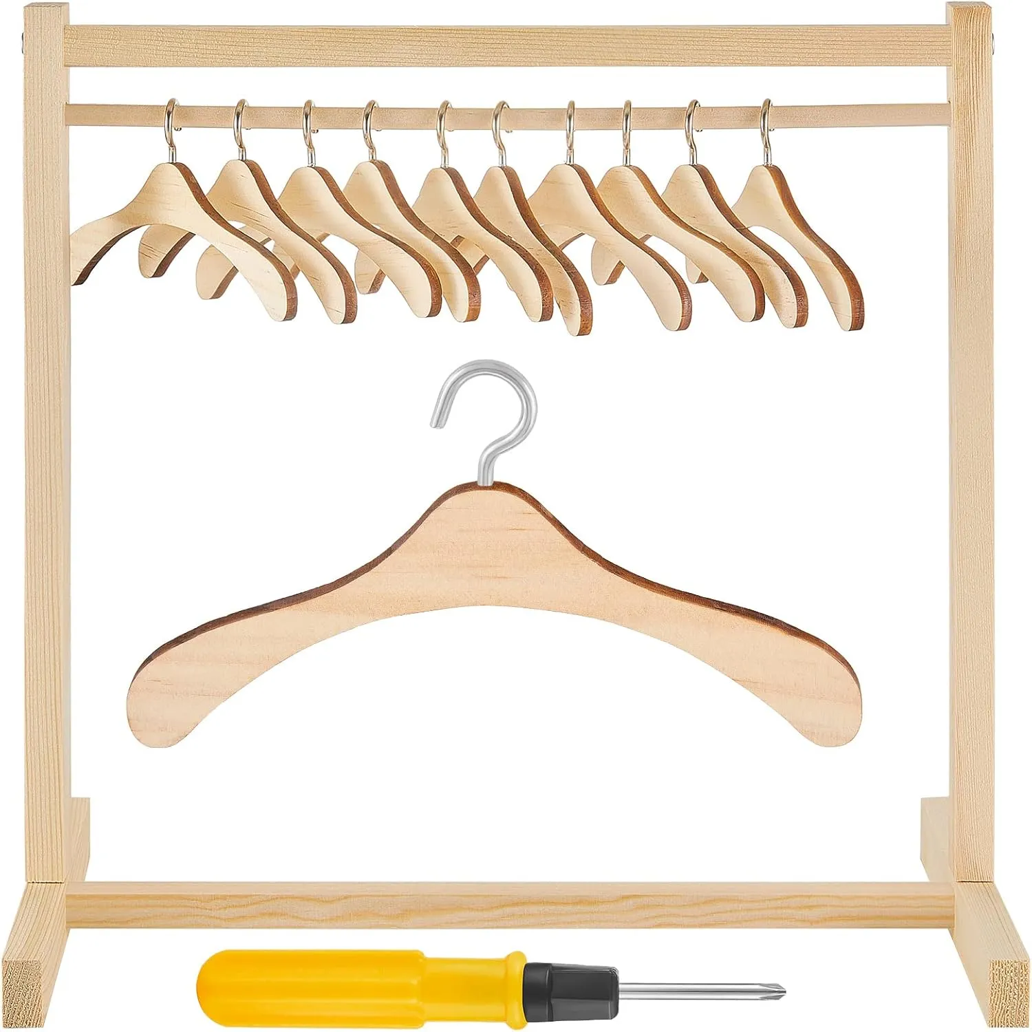 Civaner 22 Pcs Doll Garment Rack with Wooden Clothes Hanger for 18 Inch Girl Doll Clothes Mini Hangers Wardrobe Furniture Accessories for Dollhouse Baby Shower Supplies