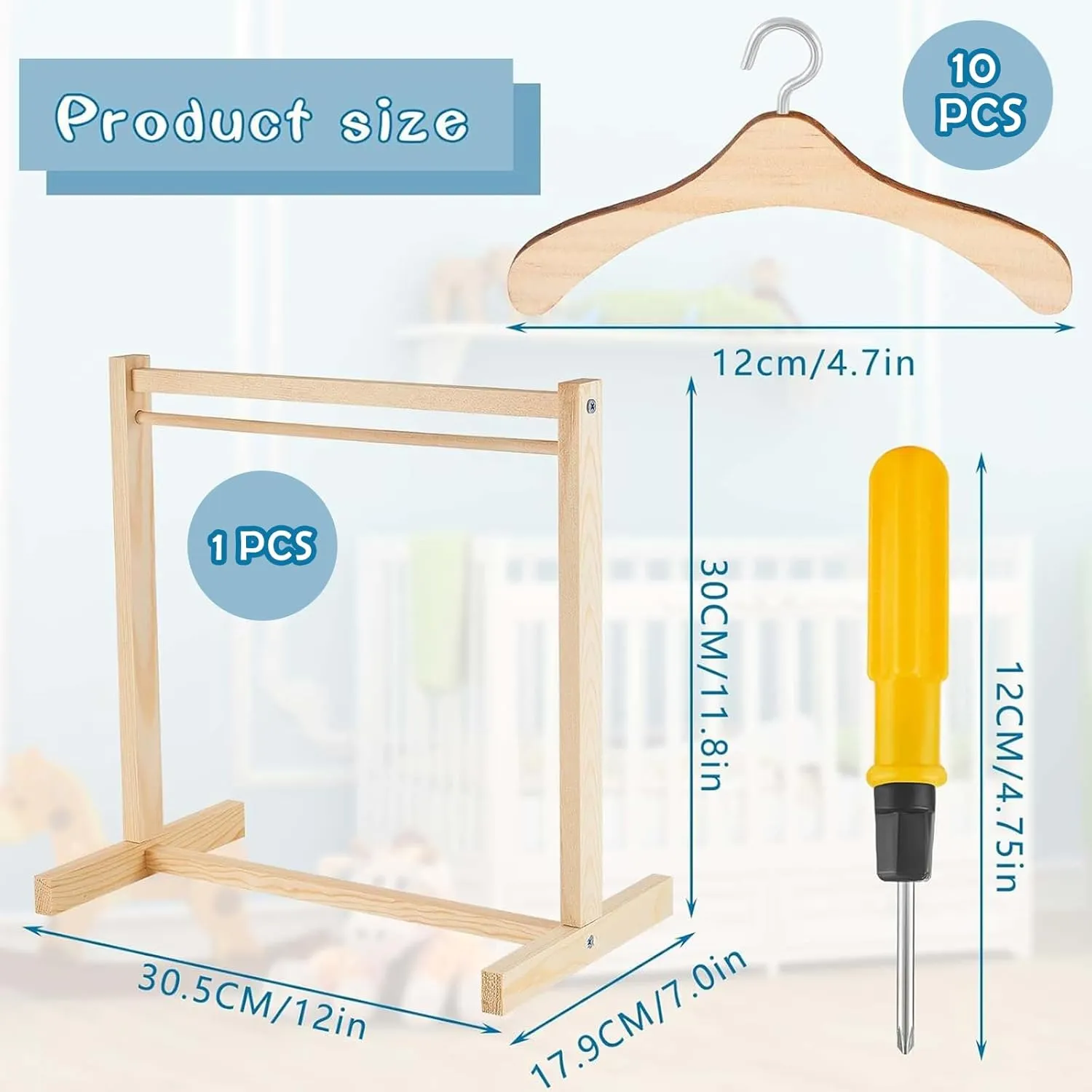 Civaner 44 Pcs Doll Garment Rack with Wooden Clothes Hanger for 18 Inch Girl Doll Clothes Mini Hangers Wardrobe Furniture Accessories for Dollhouse Baby Shower Supplies