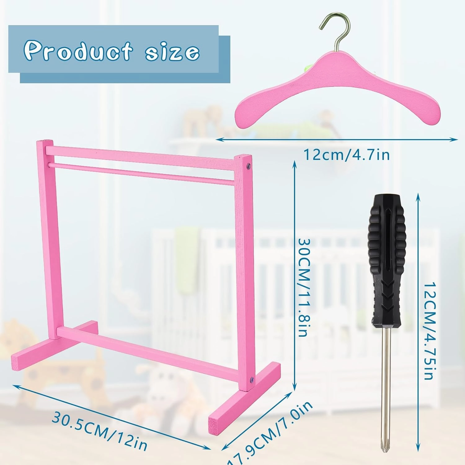 Civaner Doll Garment Rack with Wooden Clothes Hanger for 18 Inch Girl Doll Clothes Mini Hangers Wardrobe Furniture Accessories for Dollhouse Baby Shower Supplies(Pink)